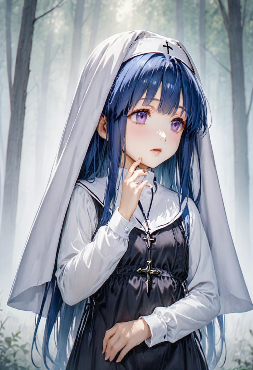 ((nun)),  long sleeve , Furude Rika,  blue hair,  purple eyes, In the forest、Misty landscape、 imaginary、 Dreamy Atmosphere 、Morning Light、 Soft Colors 、pure、 Mysterious Aura ,  girl, Alone