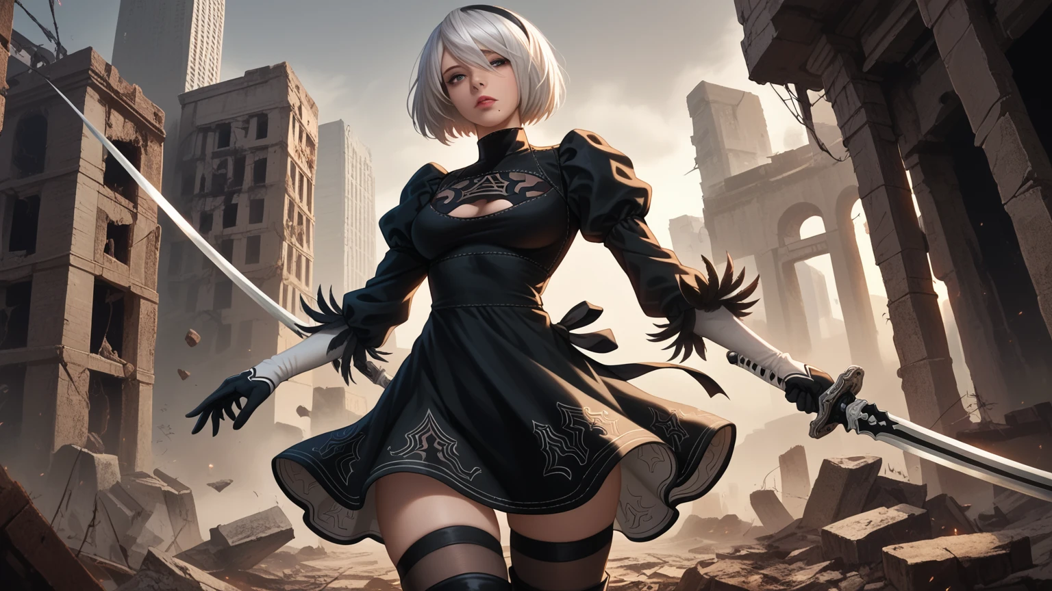 score_9, score_8_up, score_7_up,source_photo,
realistic, bright colors, high contrast, vivid lighting,
a mature adult woman draw inspiration from 2B_\(nier:automata\), 
detailed face, beautiful face, face in sharp focus,  
anatomically correct body, perfect hands, perfect fingers, 
bob cut, silver hair, black hairband, 
2B skirt, nier dress, cleavage cutout, skirt, thigh highs under boots, long sword,
dark background, city ruins, 

