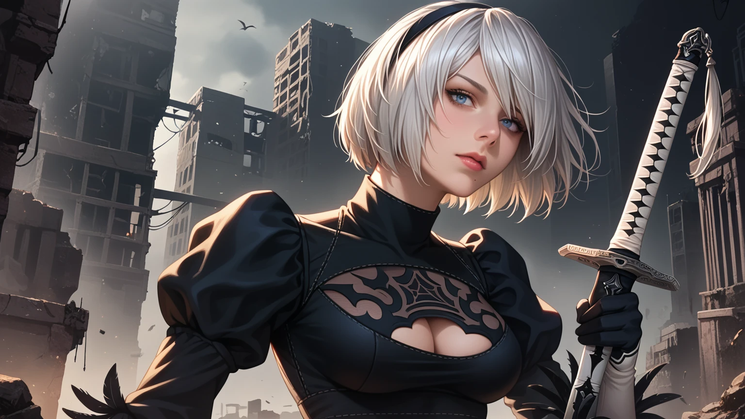 score_9, score_8_up, score_7_up,source_photo,
realistic, bright colors, high contrast, vivid lighting,
a mature adult woman draw inspiration from 2B_\(nier:automata\), 
detailed face, beautiful face, face in sharp focus,  
anatomically correct body, perfect hands, perfect fingers, 
bob cut, silver hair, black hairband, 
2B skirt, nier dress, cleavage cutout, skirt, thigh highs under boots, long sword,
dark background, city ruins, 

