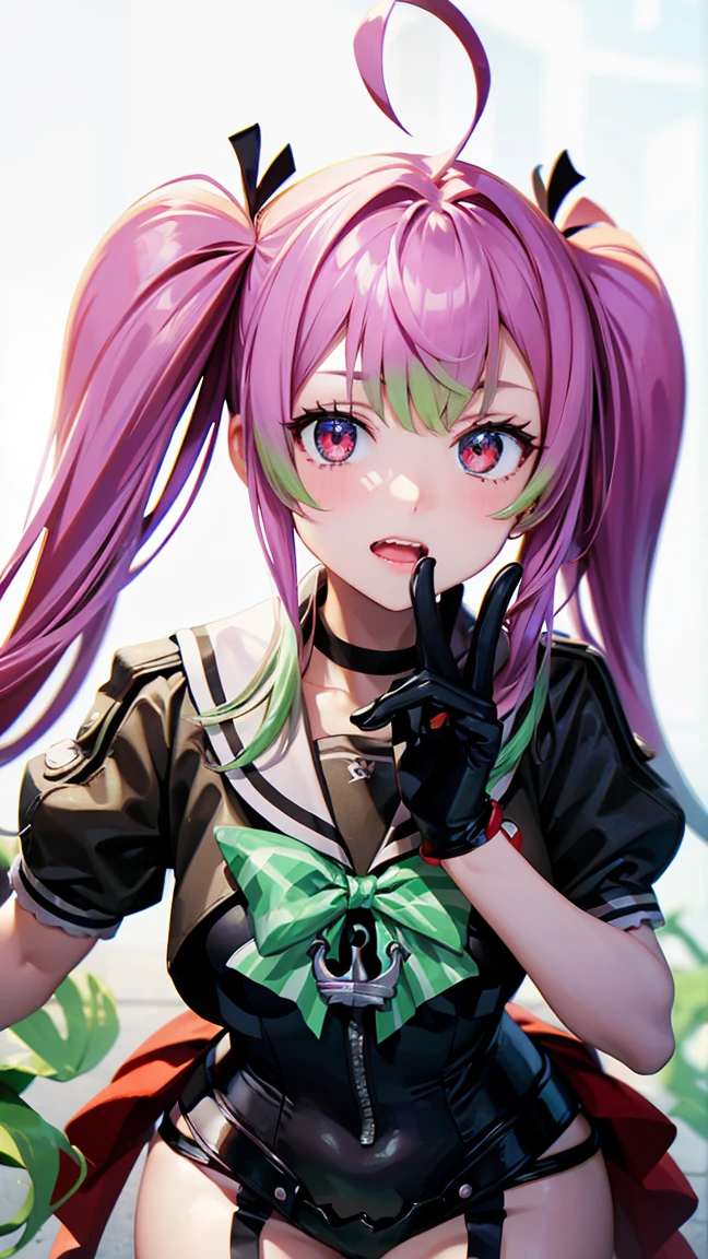 8k high resolution (Super detailed), masterpiece, (Best Quality)　 anime illustration　Detailed eyes, Detailed face　Detailed hands　Fine hair　 very elaborate body、 fine skin　 one girl　Horse Girl_ Satono diamond 　SpeciesKC, (Species) uniform　Red Eye　(pink｜green)_hair　 sailor suit　(Ash) sailor color　(green)Bow tie　(black)gloves　(Ash)skirt　(white)socks　 pink shoes 　 twin tails　Ahoge　Double teeth　 see here　Full body view