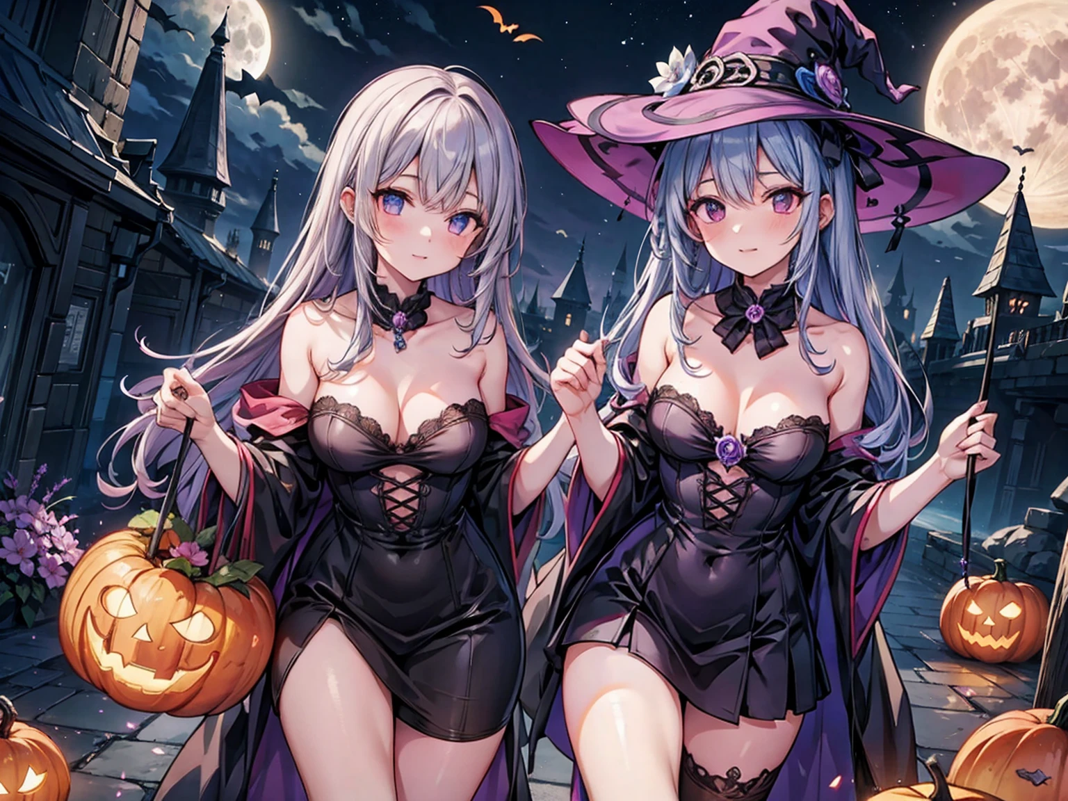 purple and silver hair,witch,  alien world , charming,  Movie Lighting  ,8k, Jack O Lantern  ,Small breasts,lure,full moon