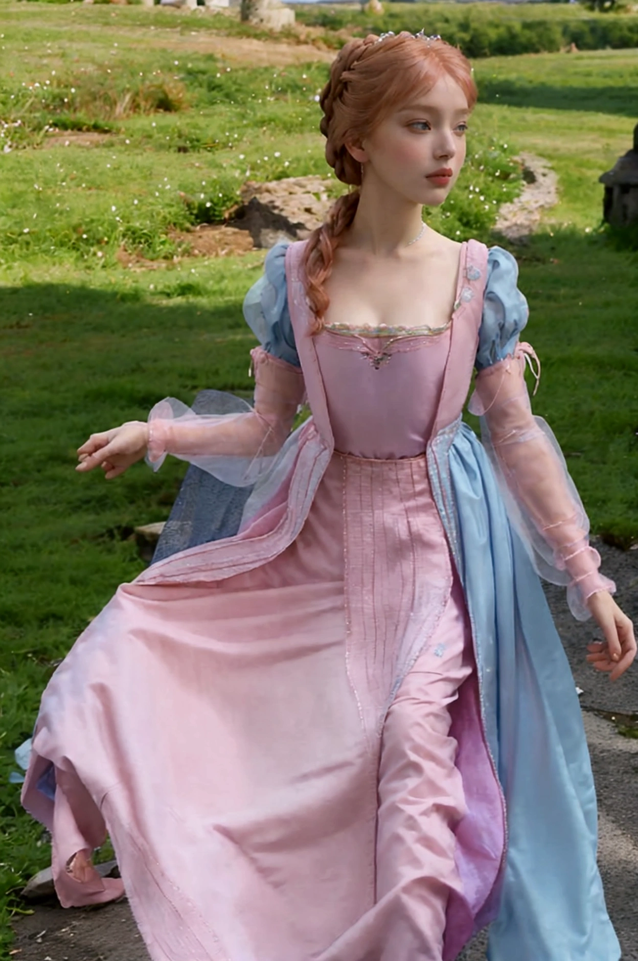 Giselle with strawberry blonde hair in a loose low bun and wearing a pink and blue fairytale gown with a graduated pink and blue bodice set with crystals and a blue chiffon ballerina length skirt and semi sheer cap sleeves.