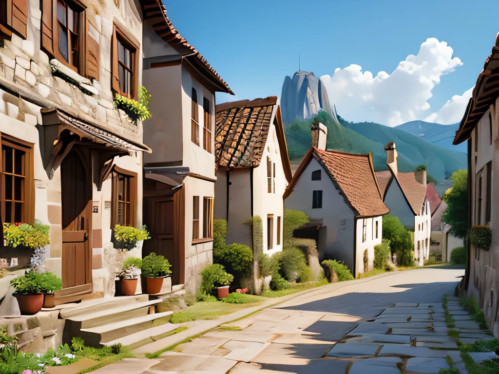 (Best Quality,4K, high resolution,masterpiece:1.2),Super detailed,Realistic:1.37, Medieval Sci-fi Fusion , Deserted Medieval Villages 、Villager、 Peaceful Scenery , illustration style, bright color, soft writing, Crumbling Stone Buildings , Overgrown greenery, Scattered Antique Objects , quiet atmosphere, Mysterious Atmosphere , Subtle Sci-fi Elements , Rustic charm, traditional costume , Medieval architecture , Narrow cobblestone road , Quaint Market Stalls , Distant Mountain , Clear blue sky, Gentle Breeze.