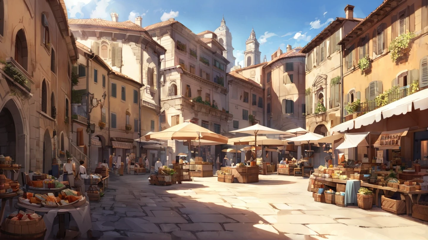 town, italy inspired town, well lit, day time, wide view, with merchants selling goods at the background, fountain