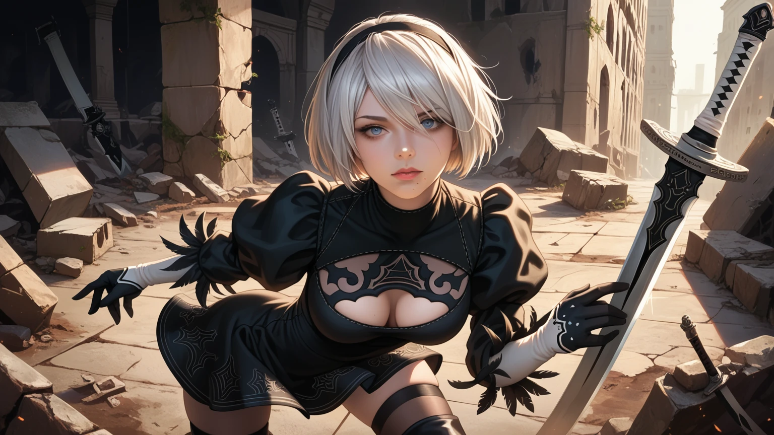 score_9, score_8_up, score_7_up,source_photo,
realistic, bright colors, high contrast, vivid lighting,
a mature adult woman draw inspiration from 2B_\(nier:automata\), 
detailed face, beautiful face, face in sharp focus,  
anatomically correct body, perfect hands, perfect fingers, 
bob cut, silver hair, black hairband, 
2B skirt, nier dress, cleavage cutout, skirt, thigh highs under boots, long sword,
dark background, city ruins, 

