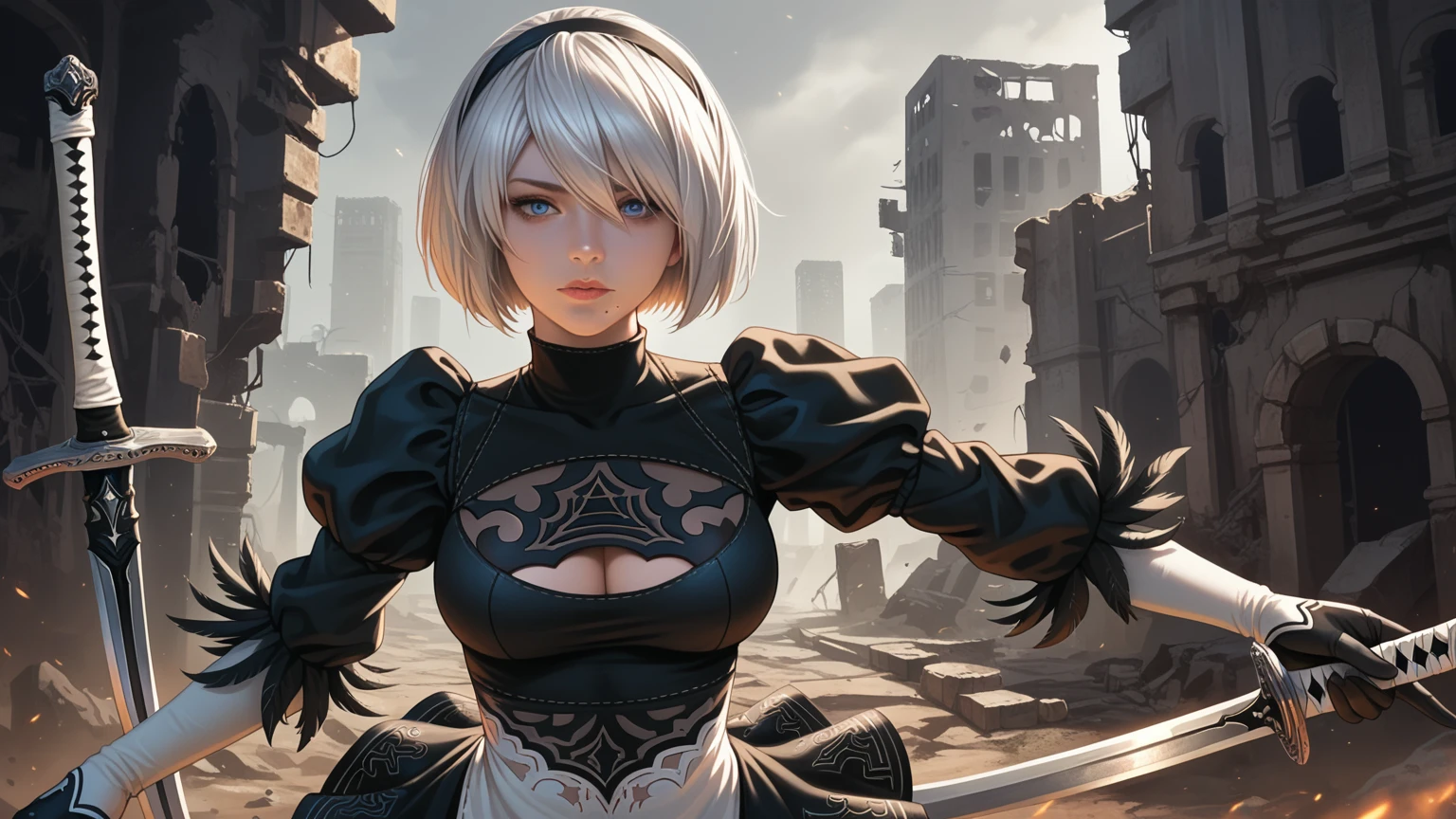 score_9, score_8_up, score_7_up,source_photo,
realistic, bright colors, high contrast, vivid lighting,
a mature adult woman draw inspiration from 2B_\(nier:automata\), 
detailed face, beautiful face, face in sharp focus,  
anatomically correct body, perfect hands, perfect fingers, 
bob cut, silver hair, black hairband, 
2B skirt, nier dress, cleavage cutout, skirt, thigh highs under boots, long sword,
dark background, city ruins, 

