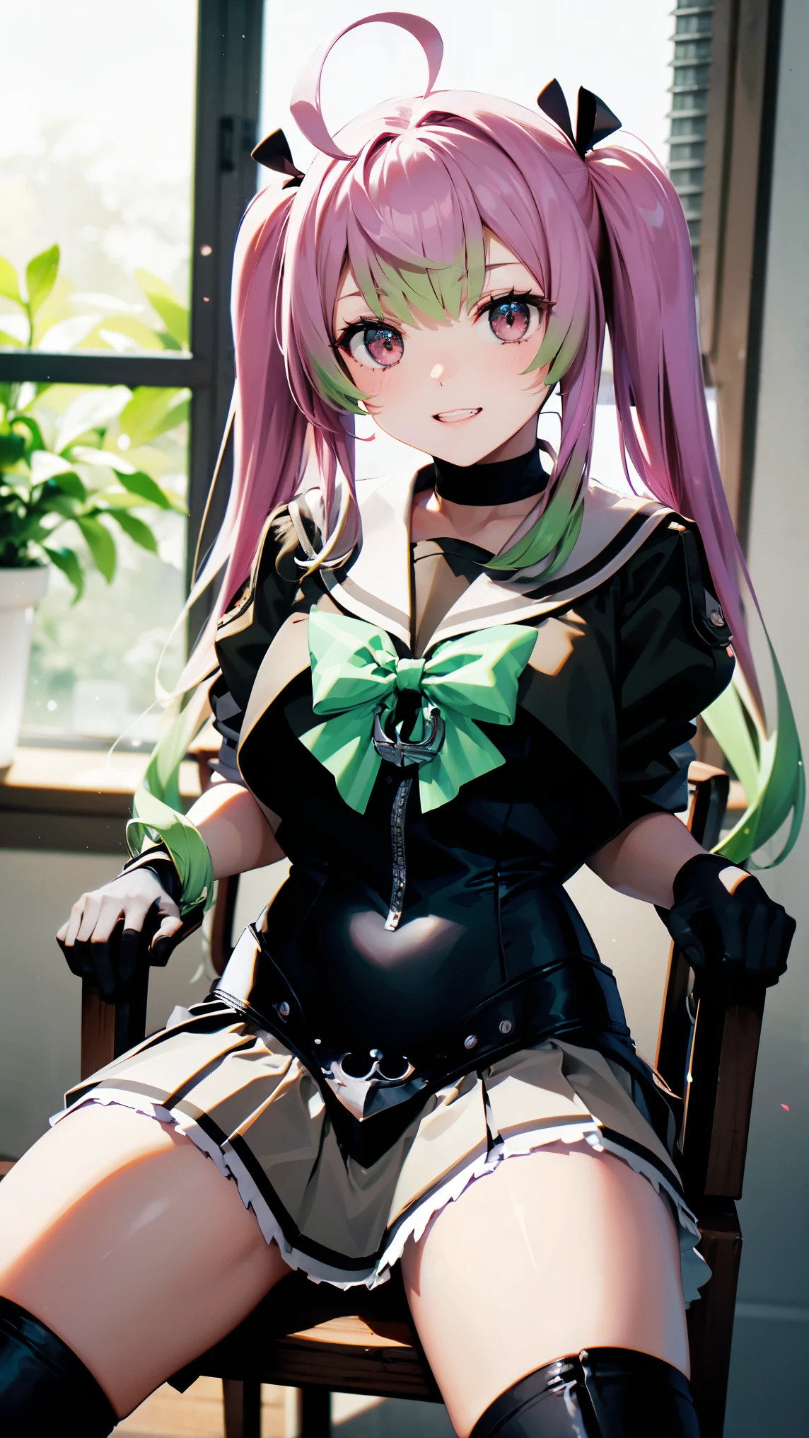 8k high resolution (Super detailed), masterpiece, (Best Quality)　 anime illustration　Detailed eyes, Detailed face　Detailed hands　Fine hair　 very elaborate body、 fine skin　 one girl　Kantai Collection_peach　SpeciesKC, (Species) uniform　Red Eye　(pink｜green)_hair　 sailor suit　(Ash) sailor color　(green)Bow tie　(black)gloves　(Ash)skirt　(white)socks　peach色靴　 twin tails　Ahoge　Double teeth　 see here　 Sitting on a Chair 　Back to the window