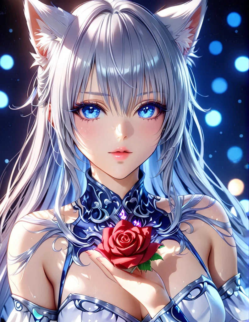 a beautiful woman in a white dress, a red rose in her hair, beautiful detailed eyes, beautiful detailed lips, extremely detailed eyes and face, long eyelashes, anime-style cosplay, anime girl cosplay, cosplay photo, fusion of anime style and Fujifilm, cosplay, white-haired goddess, beautiful fox-like woman, cosplayer, white cat girl, silver-haired girl, nekomimi, anime girl in real life, ayaka cosplay, white princess-cut hairstyle, large chest, curvy beauty, flawless smooth skin, gleaming skin,(best quality,4k,8k,highres,masterpiece:1.2),ultra-detailed,(realistic,photorealistic,photo-realistic:1.37),HDR,UHD,studio lighting,ultra-fine painting,sharp focus,physically-based rendering,extreme detail description,professional,vivid colors,bokeh,portraits,anime