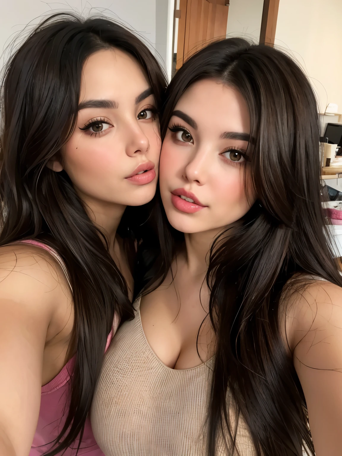 thick brunette, messy hair, kiss puckered lips, selfie style