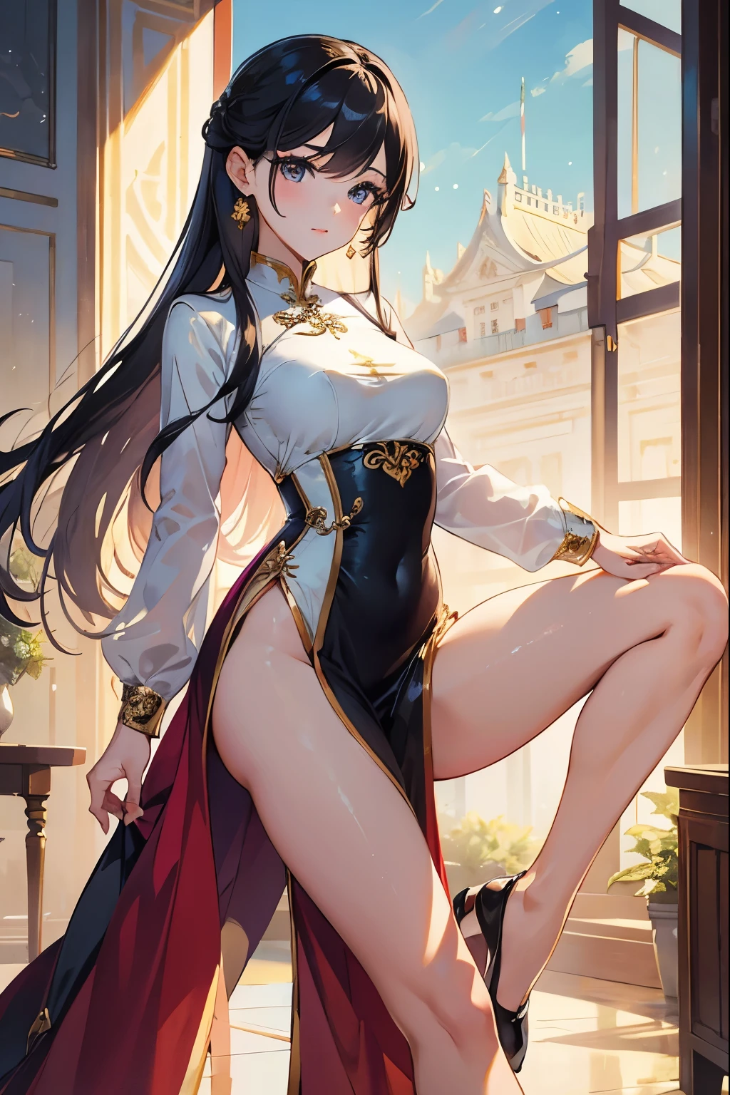 fantasy, semi-realistic, long black hair, female human, priestess, gray eyes, red and white robes, full body, wide hips, full body, forest background, neutral expression, middle parted fringe, arms on sides, medieval fantasy,