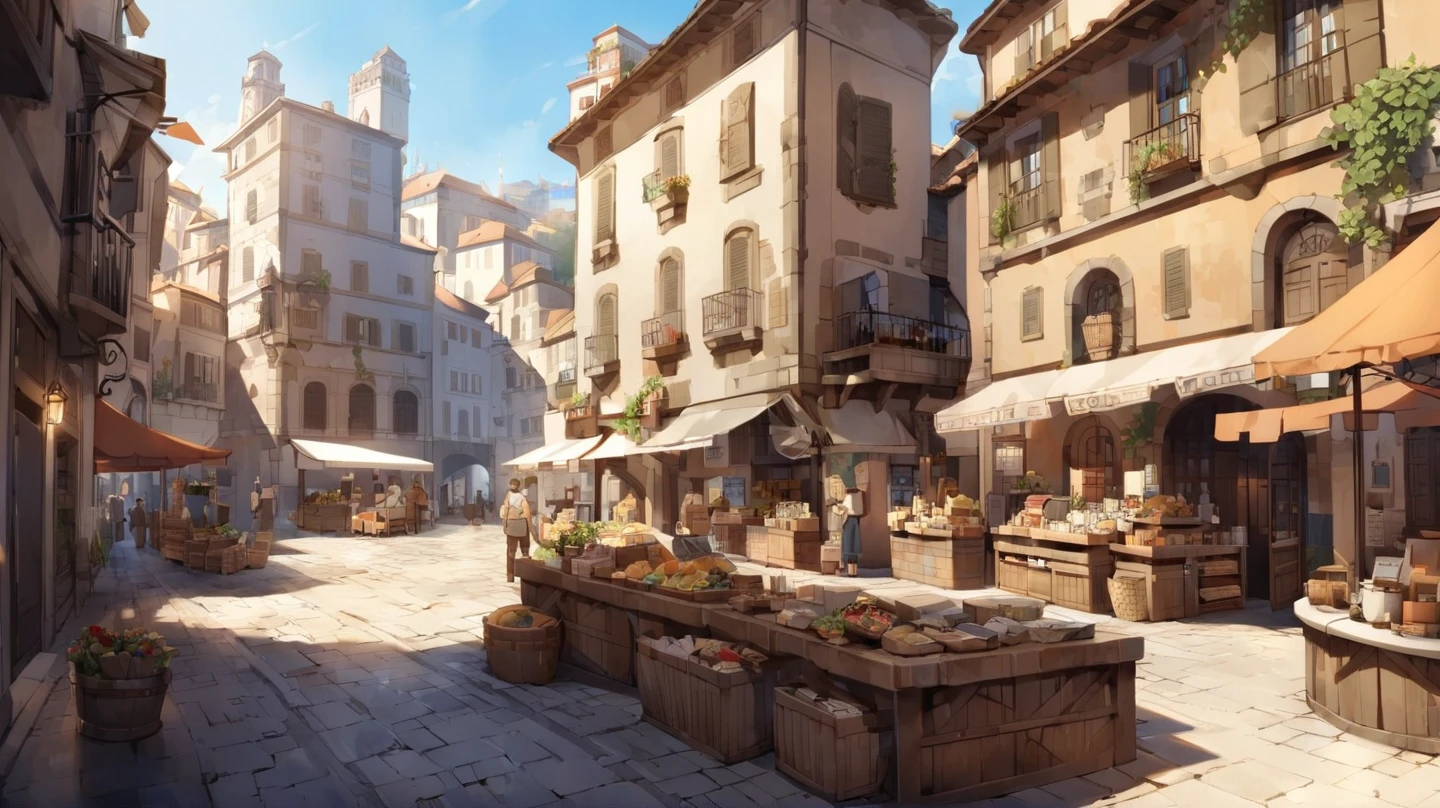 town port, italy inspired town, well lit, day time, wide view, with merchants selling goods at the background, fountain