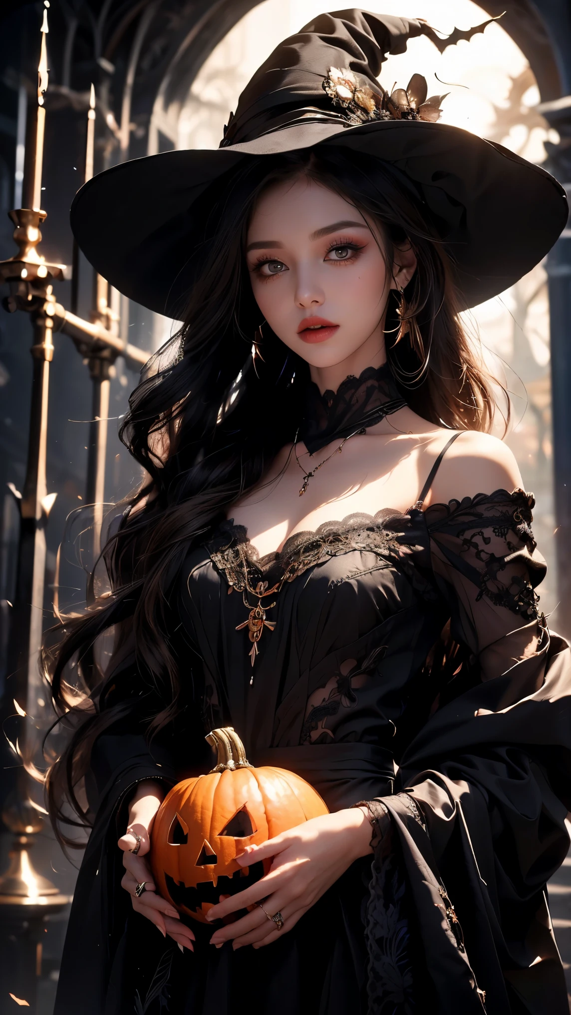 (((Best quality, 8k, Masterpiece: 1.3)), ((best quality)), ((masterpiece)), (detailed), photorealistic, perfect face, woman with blonde hair is dressed in a Halloween witch costume. She wears a stylish black witch's hat with a slight tilt, a flowing dark dress with subtle lace details, and carries a small broomstick. Her makeup is elegant, with a hint of dark lipstick, giving a mysterious yet charming look. The background is a Halloween-themed setting with dim lighting, pumpkins, and a spooky but chic atmosphere, capturing the spirit of Halloween night.