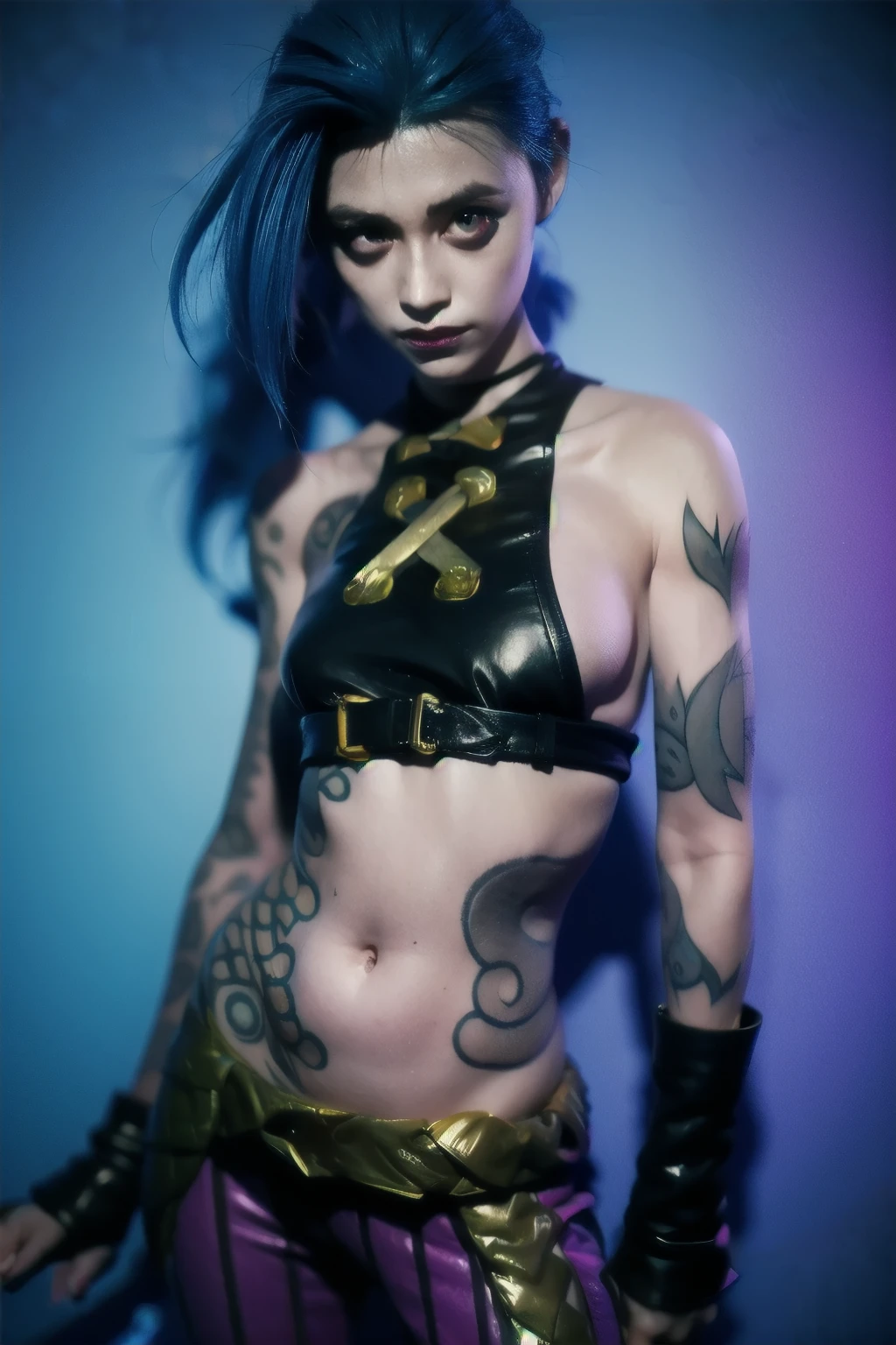 jinx, sexy, dynamic pose, dslr, 4k, 8k, textured skin, jinx costume, tattoo, belly tattoo. Neon graffiti Background.