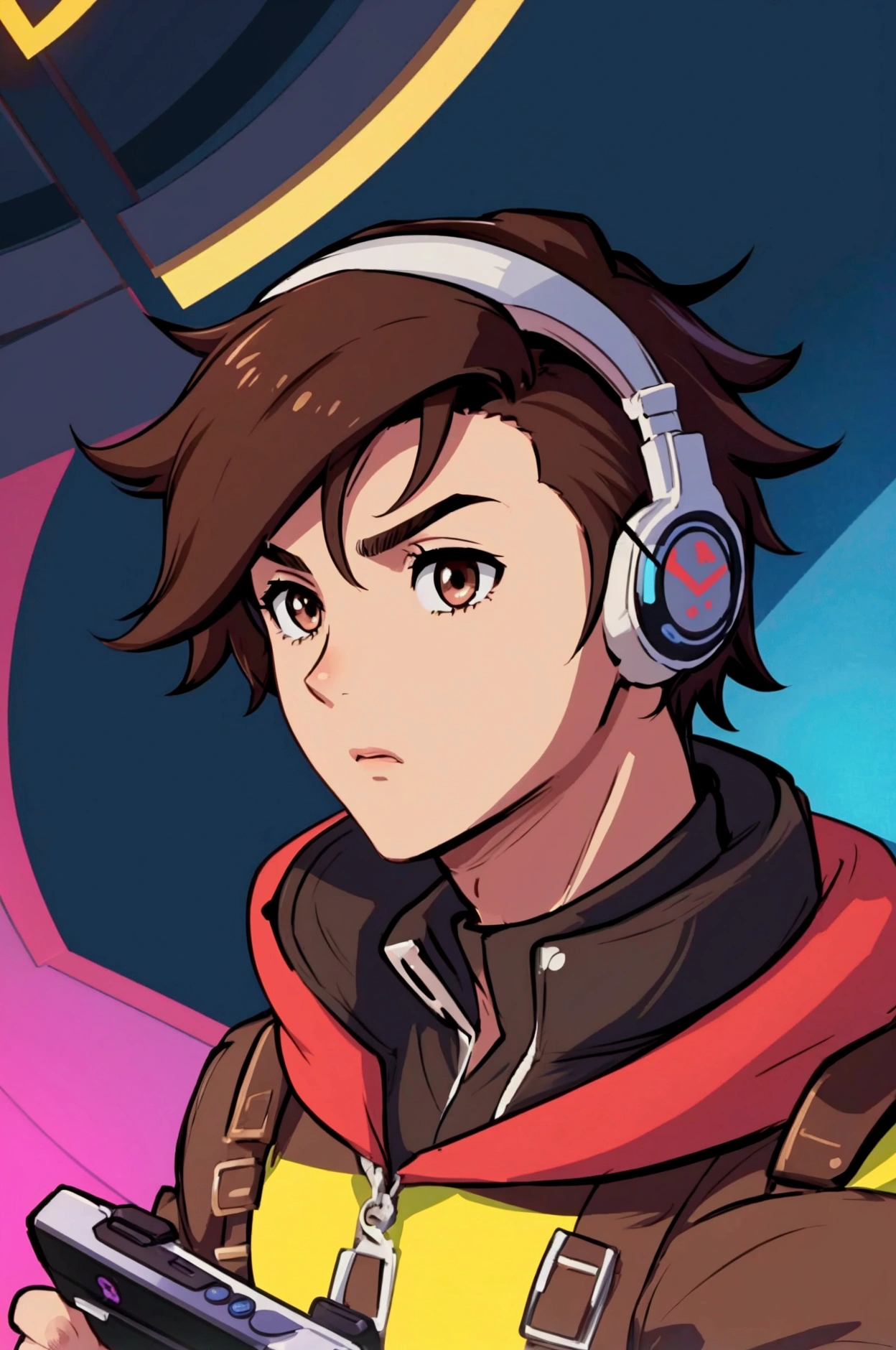 Alex, a passionate gamer , Brown hair and shaved from the sides.  brown eyes.  The icon must present a young and energetic character .  He may be wearing modern headphones and holding a video game controller ,  symbolizing your passion for gaming . The background must be dynamic,  perhaps incorporating graphic elements related to games , like pixels , Controls,  or even references to specific games you love .  Bright and contrasting colors can be used to make the icon attractive and attractive.