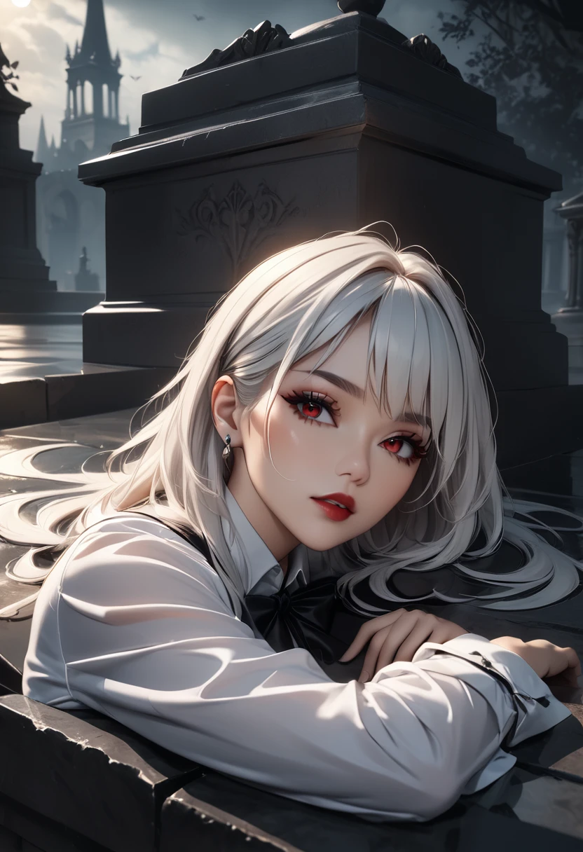 a mature vampire woman with big red eyes, long white hair, beautiful detailed face, laying down on a tomb, detailed outfit, white shirt, (best quality,4k,8k,highres,masterpiece:1.2),ultra-detailed,,highly detailed,dramatic lighting,dark moody atmosphere,dark fantasy,gothic,cinematic,dramatic shadows,chiaroscuro