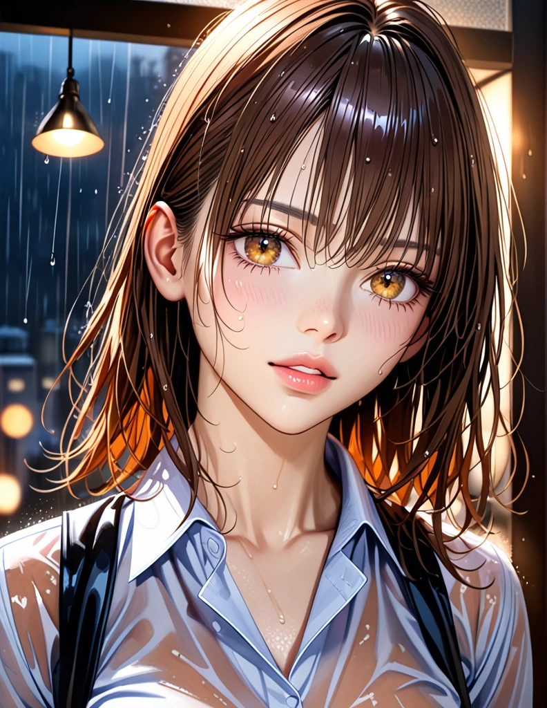 beautiful young woman, wet white collared shirt, see-through wet clothes, office lady, returning from work, rain, rainy day, detailed face, beautiful eyes, detailed lips, long eyelashes, female protagonist, photorealistic, 8k, best quality, ultra-detailed, realistic, physically-based rendering, professional, vivid colors, studio lighting, dramatic lighting, warm color palette, moody atmosphere