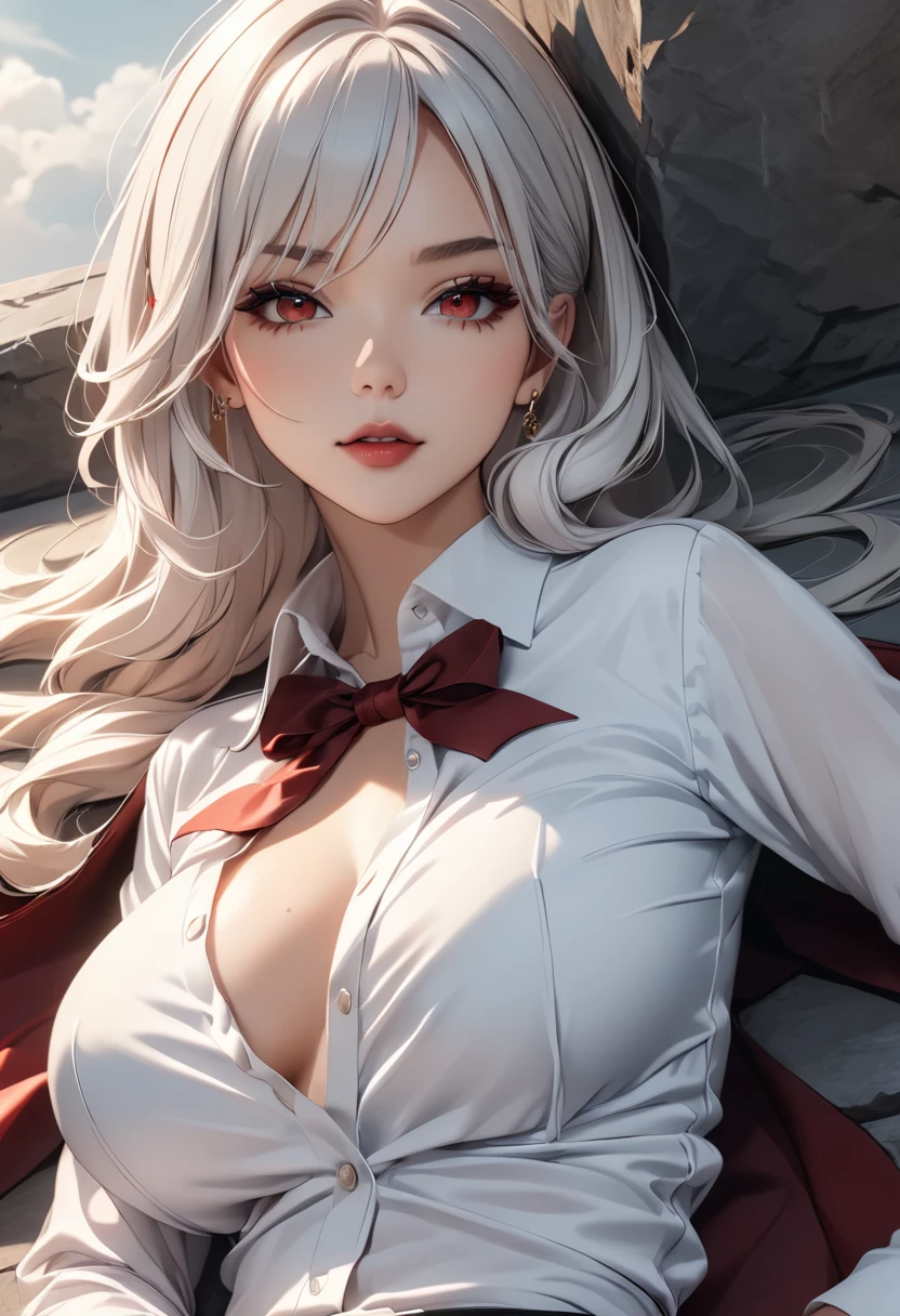 a mature vampire woman with big red eyes, white long hair, beautiful detailed face, laying down on a tomb, detailed outft, white shirt, (best quality,4k,8k,highres,masterpiece:1.2),