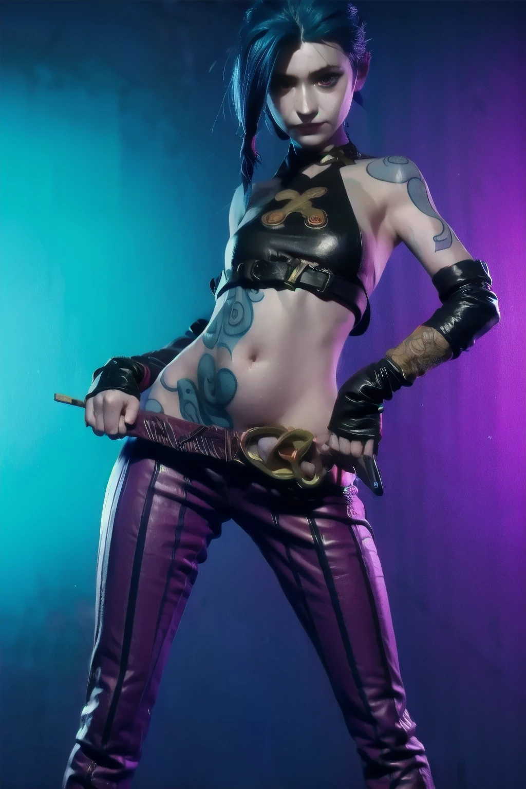 jinx, sexy, dynamic pose, dslr, 4k, 8k, textured skin, jinx costume, tattoo, belly tattoo. Neon graffiti Background.