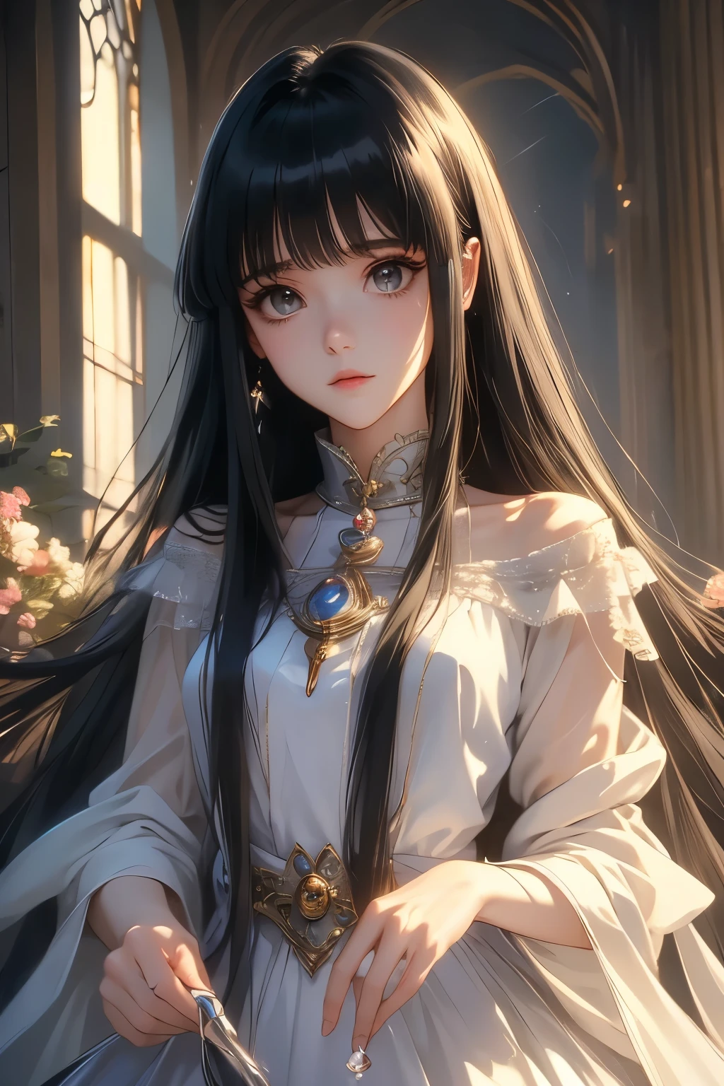 （（（ＳＦＷ、Highest quality、 first class、masterpiece、Normal body、8k、Detailed face、Ultra-precision、Normal hand、Normal finger、Masterpiece）））、-Slayers-、 Sylphiel Nels Lahda、clear and pitiful、beautiful girl、Black Hair、 long hair、Priest