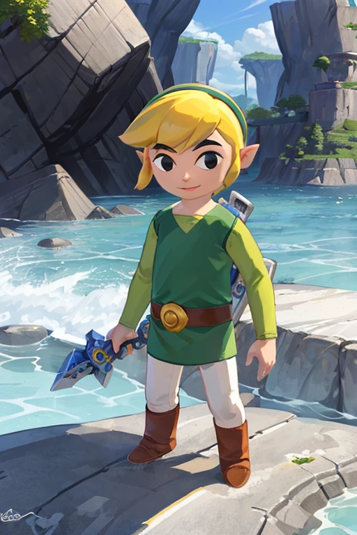 ((masterpiece,Best Quality)), tone_link_Zelda,  Black Eyes, Alone, One person, Tunic, belt, Alone, smile,  standing , It's cutting enemies,The background is an island 