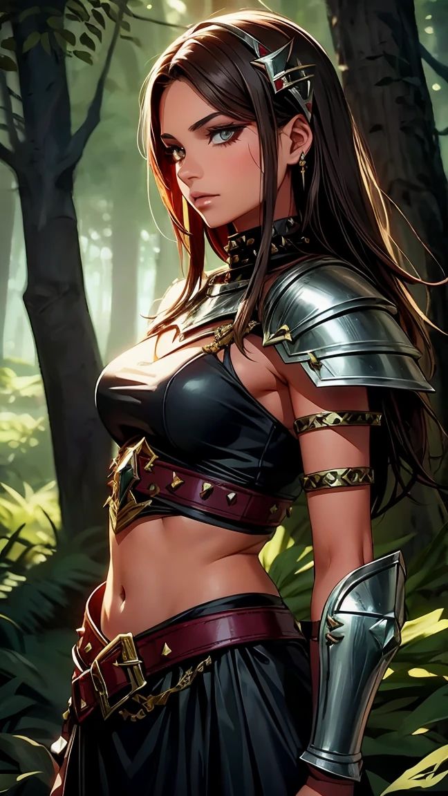 20 year old woman, high fantasy fighter, studded leather armor, tan skin, dark hair, dark eyes, arabic influence, bandit, ruby circlet, jeweled scimitars, forest background