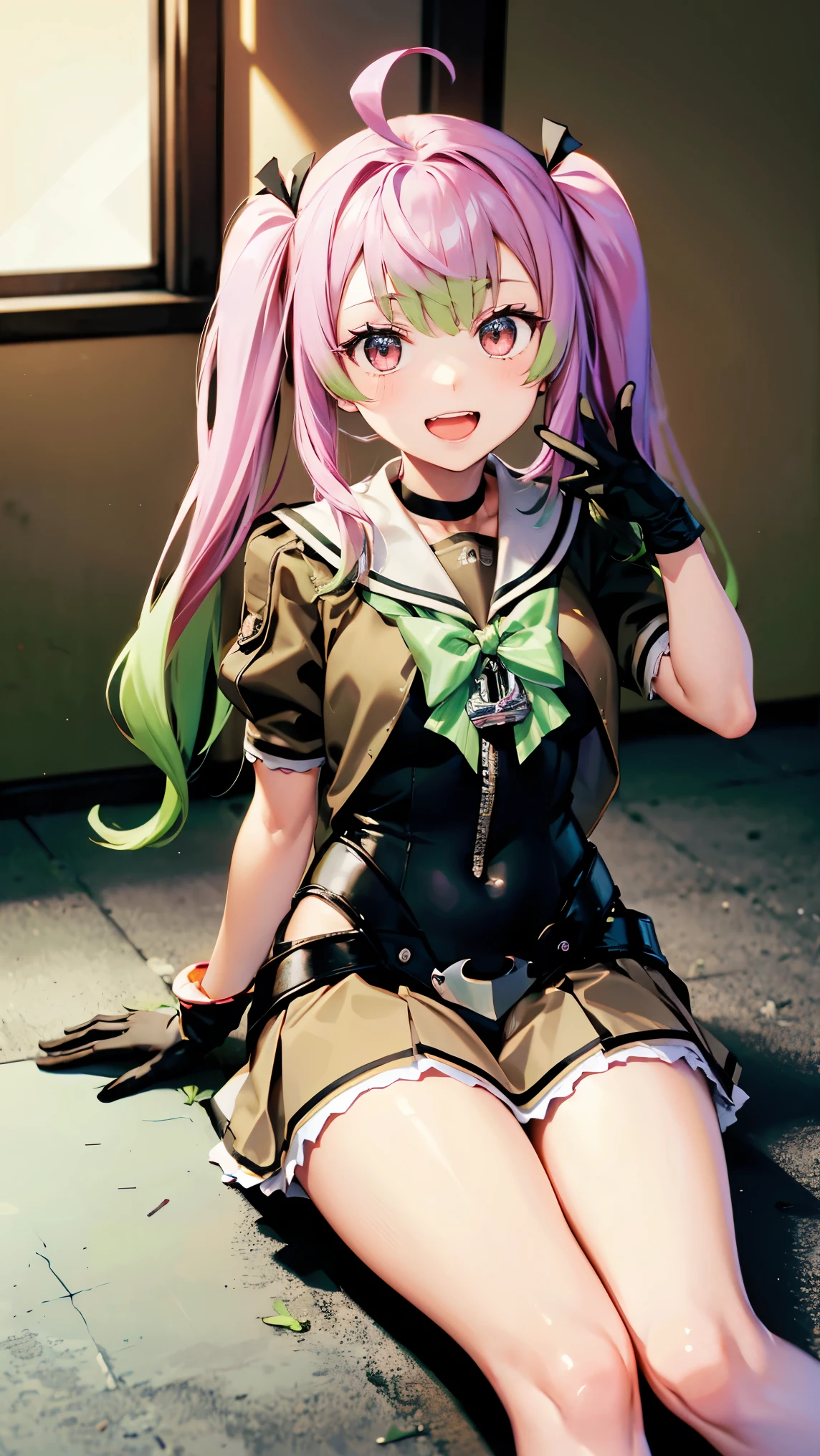 8k high resolution (Super detailed), masterpiece, (Best Quality)　 anime illustration　Detailed eyes, Detailed face　Detailed hands　Fine hair　 very elaborate body、 fine skin　 one girl　Kantai Collection_peach　SpeciesKC, (Species) uniform　Red Eye　(pink｜green)_hair　 sailor suit　(Ash) sailor color　(green)Bow tie　(black)gloves　(Ash)skirt　(white) High Socks 　peach色靴　 twin tails　Ahoge　Double teeth　 look up　 sits on the floor　Sitting cross-legged　Back to the window　 is laughing　 cute