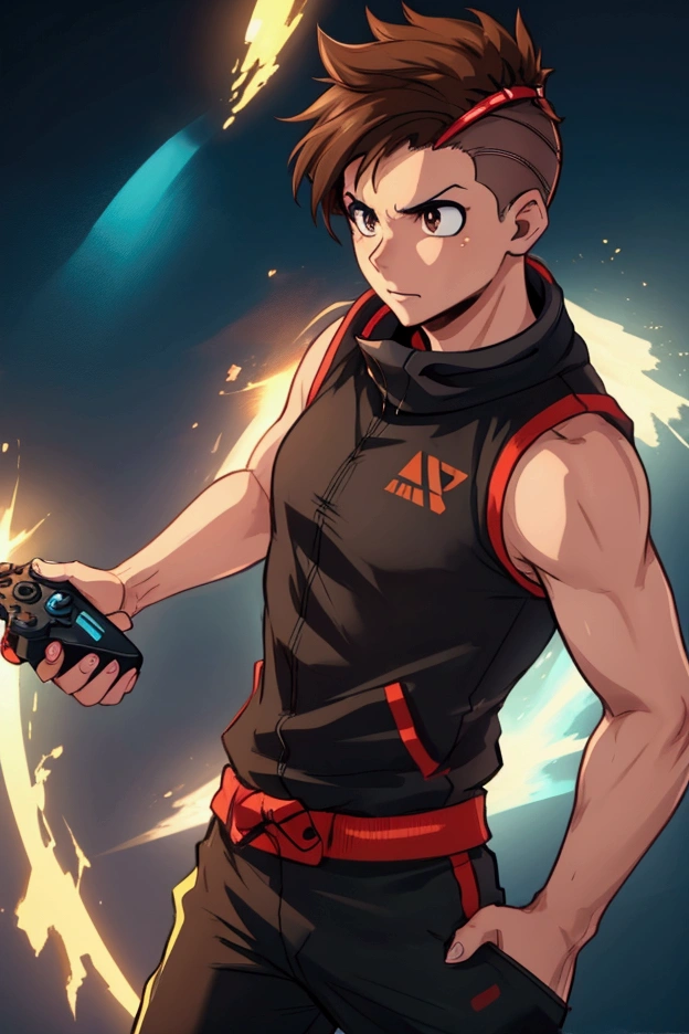 Alex, a passionate gamer , Brown hair and shaved from the sides.  brown eyes.  The icon must present a young and energetic character . He may be wearing modern headphones and holding a video game controller. The background must be dynamic,  perhaps incorporating graphic elements related to games , like pixels , Controls, soccer.