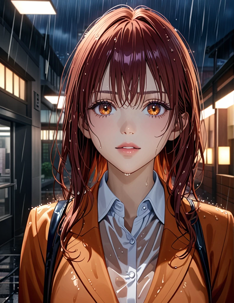 beautiful young woman, wet white collared shirt, see-through wet clothes, office lady, returning from work, rain, rainy day, detailed face, beautiful eyes, detailed lips, long eyelashes, female protagonist, animescreencap, 8k, best quality, ultra-detailed, realistic, physically-based rendering, professional, vivid colors, studio lighting, dramatic lighting, warm color palette, moody atmosphere