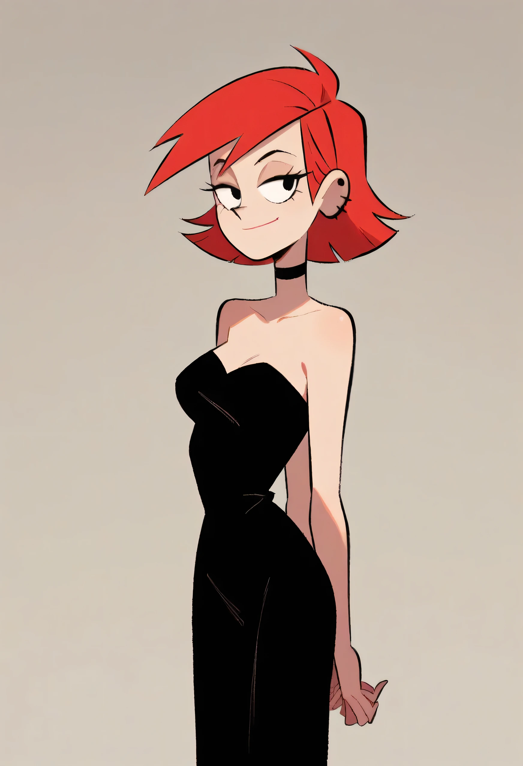 FrankieFoster, red medium hair, bob hair cut, black eyes, posing, solo, strapless black dress, light smile, beautiful, arms at sides, standing up, 