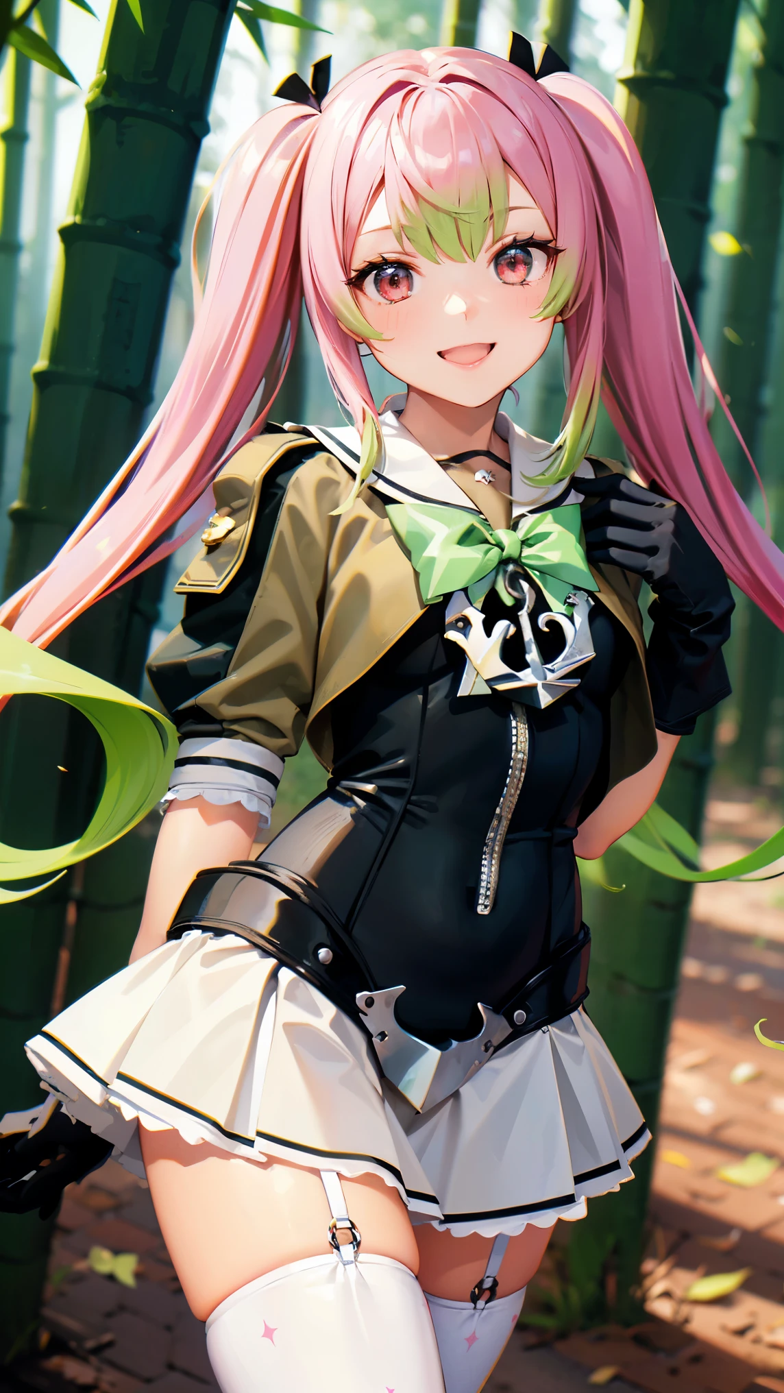 8k high resolution (Super detailed), masterpiece, (Best Quality)　 anime illustration　Detailed eyes, Detailed face　Detailed hands　Fine hair　 very elaborate body、 fine skin　 one girl　Kantai Collection_peach　SpeciesKC, (Species) uniform　Red Eye　(pink｜green)_hair　 sailor suit　(Ash) sailor color　(green)Bow tie　(black)gloves　(Ash)skirt　(white) High Socks 　chest　(Thighs)　peach色靴　 twin tails　Ahoge　Double teeth　Standing posture　Deviate your upper body　 see here　smile　 cute　Bamboo grove