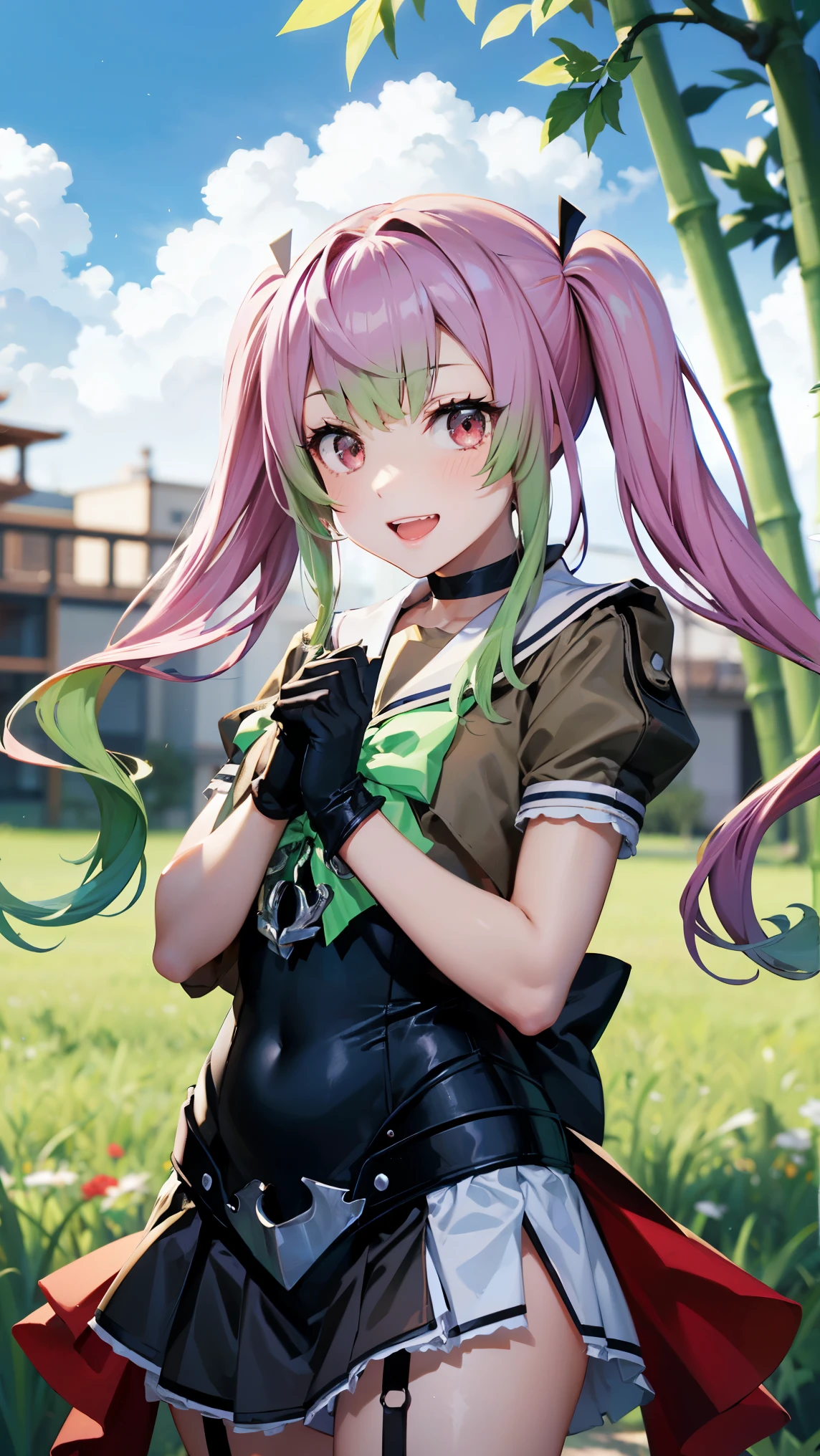 8k high resolution (Super detailed), masterpiece, (Best Quality)　 anime illustration　Detailed eyes, Detailed face　Detailed hands　Fine hair　 very elaborate body、 fine skin　 one girl　Kantai Collection_peach　SpeciesKC, (Species) uniform　Red Eye　(pink｜green)_hair　 sailor suit　(Ash) sailor color　(green)Bow tie　(black)gloves　(Ash)skirt　(white) High Socks 　chest　(Thighs)　peach色靴　 twin tails　Ahoge　Double teeth　Standing posture　Deviate your upper body　 see here　smile　 cute　Bamboo grove