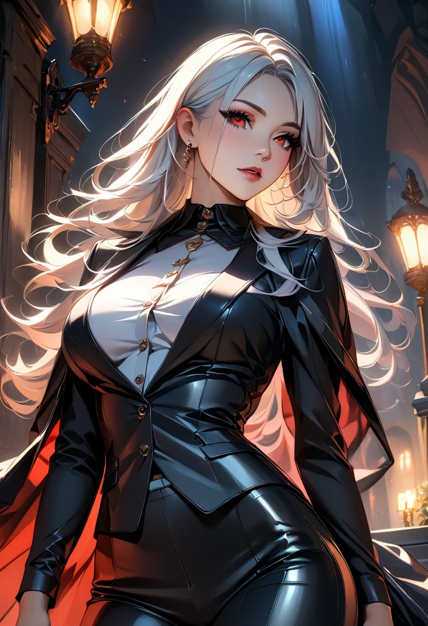 a mature vampire woman with big red eyes, white long hair, beautiful detailed face, laying down on a tombstone, coffin, shot straight. detailed outfit, white shirt, tight black pants, (best quality,4k,8k,highres,masterpiece:1.2),ultra-detailed,HDR,UHD,studio lighting,ultra-fine painting,sharp focus,physically-based rendering,extreme detail description,professional,vivid colors,bokeh,dark fantasy,horror,chiaroscuro,dramatic lighting
