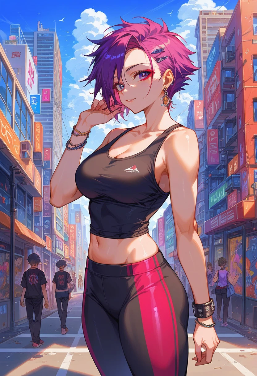 anime, young woman, Yellow-Green Short Haircut , Punk Haircut , beautiful colors,  Clothing Soft Blue Color Sweater,  Beautiful Curvy Sports Pants with a Pattern ,  Light Makeup , decorations, Shine,  on the Hand Wearing a soft knitted bracelet , earring in the ear, clip , City Street background ,  Big Skyscraper ,  depicts graffiti , score_9, score_8_up, score_7_up