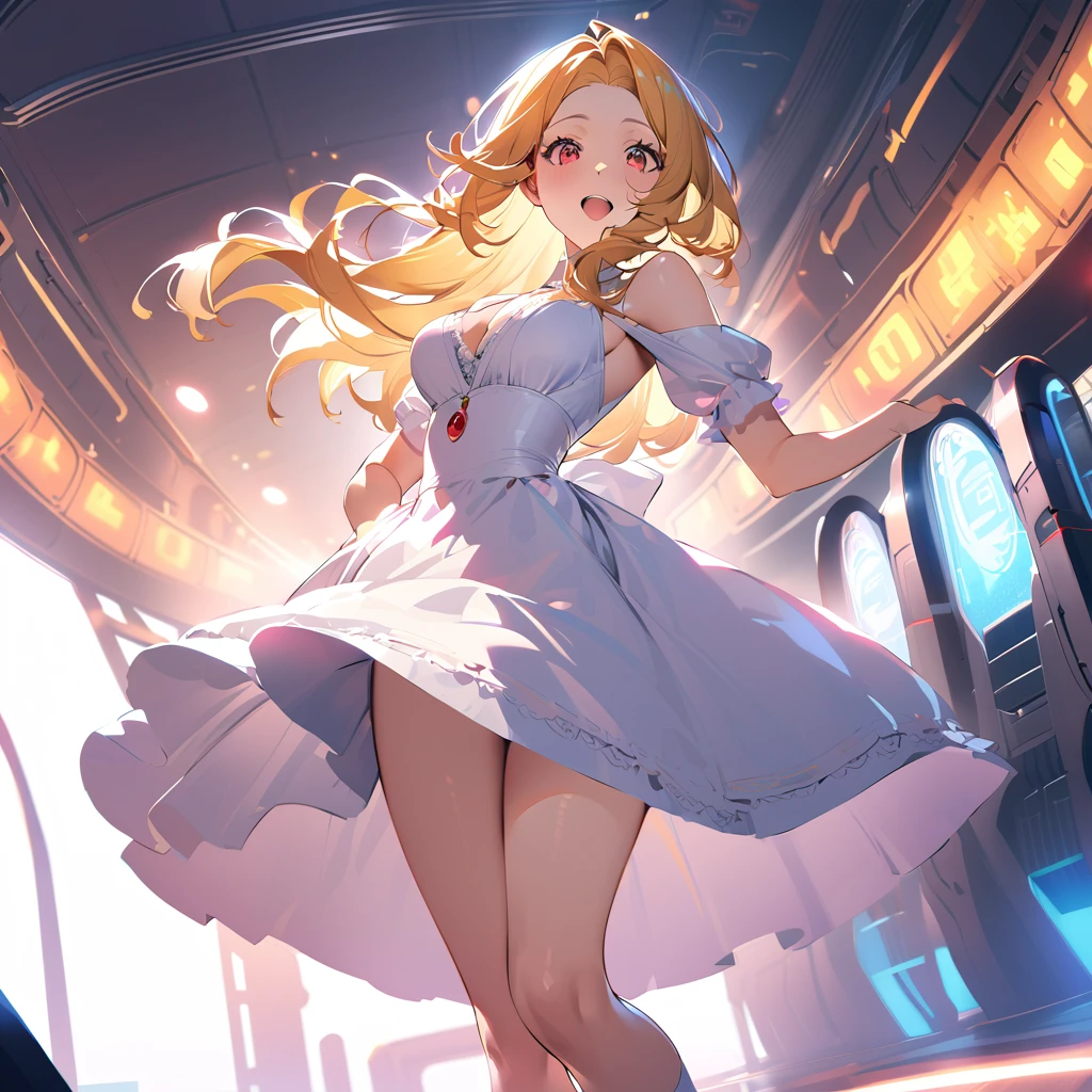 a beautiful detailed portrait of  Coudelia Ina Bernstein from Gundam IBO, ( Coudelia Ina Bernstein), (Wide angle:1.27), (full length portrait:1.37), thigh length yellow hair in a single braid, Contrapposto Pose, View from a little below,  excited expression  , Wearing a white formal gown, Lift up the dress, Revealing white thigh-high boots, A glimpse of the red thong underneath, Round Hips, Advanced Details,  intricate details ,  cinematic lighting, Inside the spacecraft hangar, break:  skirt flip,  can be lifted by itself,  ball gown, Howip, How, Cum on panties, idropmypanty 