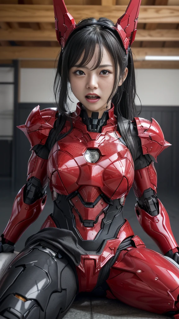 Rough skin,  very detailed,  More Information,  high quality, 最 high quality,  high resolution, 1080P 、、Red Armor、Wearing red and black、cute((During break))(破損したwoman用ロボットスーツを着用...)(Red Armor)(Broken Armor) Black Hair 、、 Drenched 、 Drenched の顔　Put your head gear aside　Beautiful Face、Hot look　、よだれing from the mouth、woman　(Steam coming out of my face) ((Steam from the body))  Sitting on a Chair 　Filming location　I can see the vagina　Release Schedule　 looks up　Remove headgear