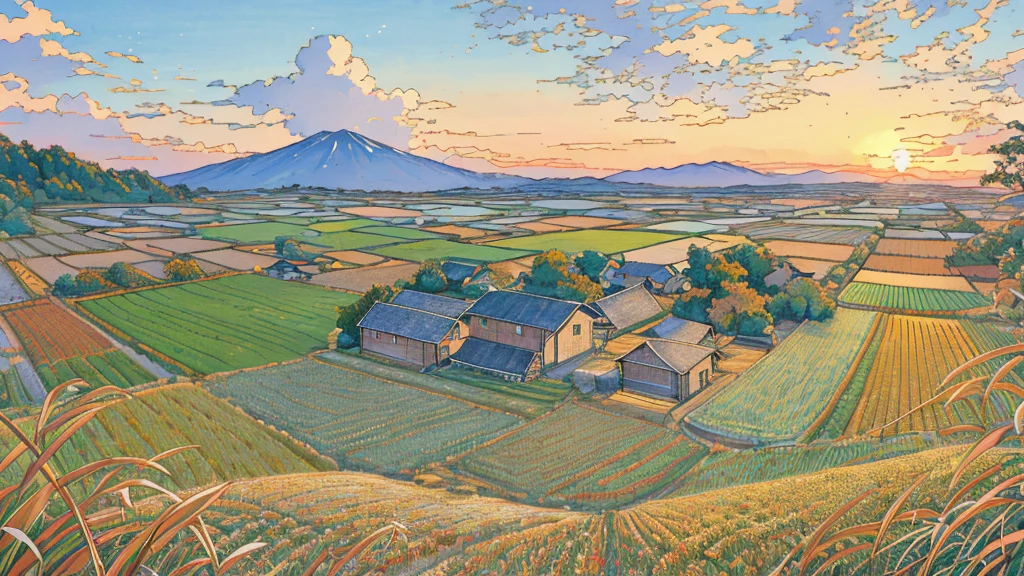 Anime-style illustrations in soft tones, calming pastel colors and gentle light, delicate and careful line drawings, soft and relaxing atmosphere
A peaceful Japanese countryside scene in autumn with a traditional farmhouse beside rice fields where the harvest has just finished. The fields are covered with stubble and neatly stacked straw bundles (wara), symbolizing the completed rice harvest. Persimmons hang drying under the eaves of the farmhouse, while cosmos flowers and red and golden maple trees line a nearby dirt path. The clear evening sky with a warm sunset glow adds a nostalgic, serene atmosphere to the rural landscape."
