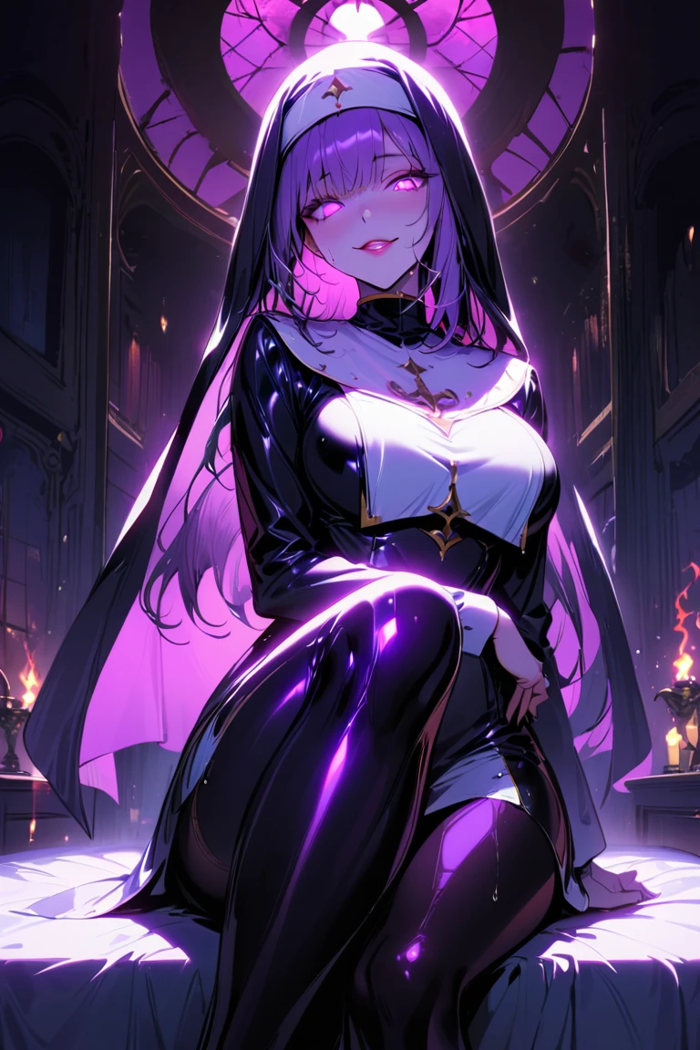  Young Beautiful Woman ,(Best Quality, Extremely Detailed Description , Incredibly Absurd Hi-Res,Curvy Legs),(Glowing Skin, Shiny Skin,Oilskin),(Clergy,Intricate shiny nun clothes),eyelash,(Intensely glowing purple eyes,Crazy Eyes,There is cleavage in the chest, bewitching smile, shiny lips,Seductive gestures, where the opening is ),whole body,background:Bedroom at night