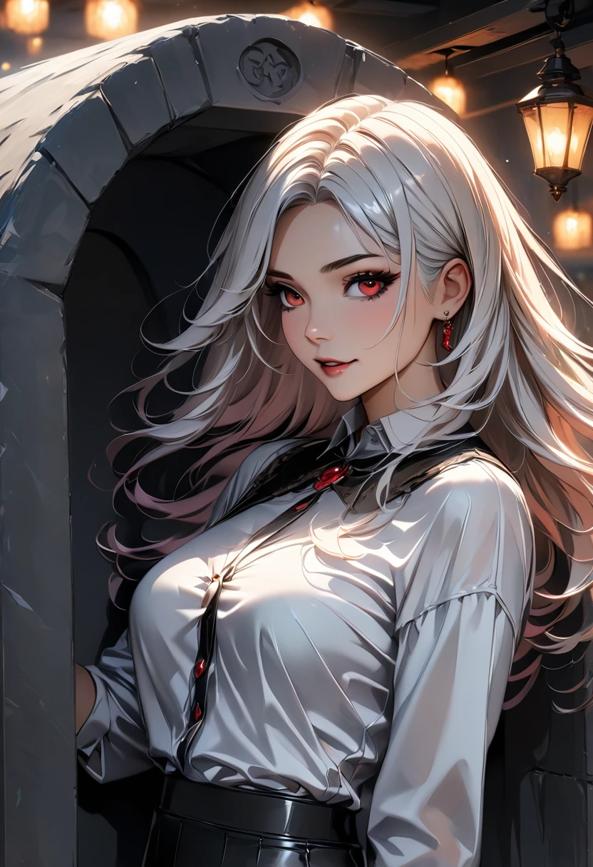 
a mature vampire woman with big red eyes, white long hair, beautiful detailed face, laying down in a tombstone coffin, shot straight. detailed outfit, white shirt, tight black pants, (best quality,4k,8k,highres,masterpiece:1.2),ultra-detailed,HDR,UHD,studio lighting,ultra-fine painting,sharp focus,physically-based rendering,extreme detail description,professional,vivid colors,bokeh,dark fantasy,horror,chiaroscuro,dramatic lighting
