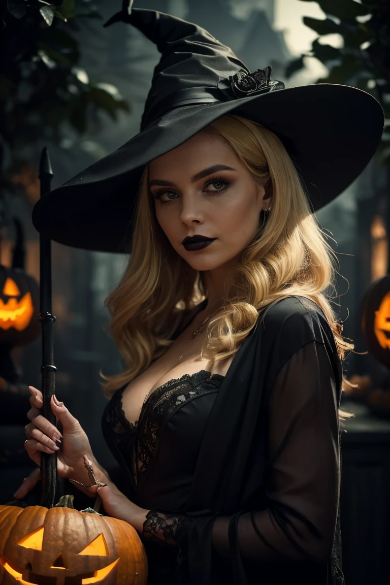 (((Best quality, 8k, Masterpiece: 1.3)), ((best quality)), ((masterpiece)), (detailed), photorealistic, perfect face, woman with blonde hair is dressed in a Halloween witch costume. She wears a stylish black witch's hat with a slight tilt, a flowing dark dress with subtle lace details, and carries a small broomstick. Her makeup is elegant, with a hint of dark lipstick, giving a mysterious yet charming look. The background is a Halloween-themed setting with dim lighting, pumpkins, and a spooky but chic atmosphere, capturing the spirit of Halloween night.