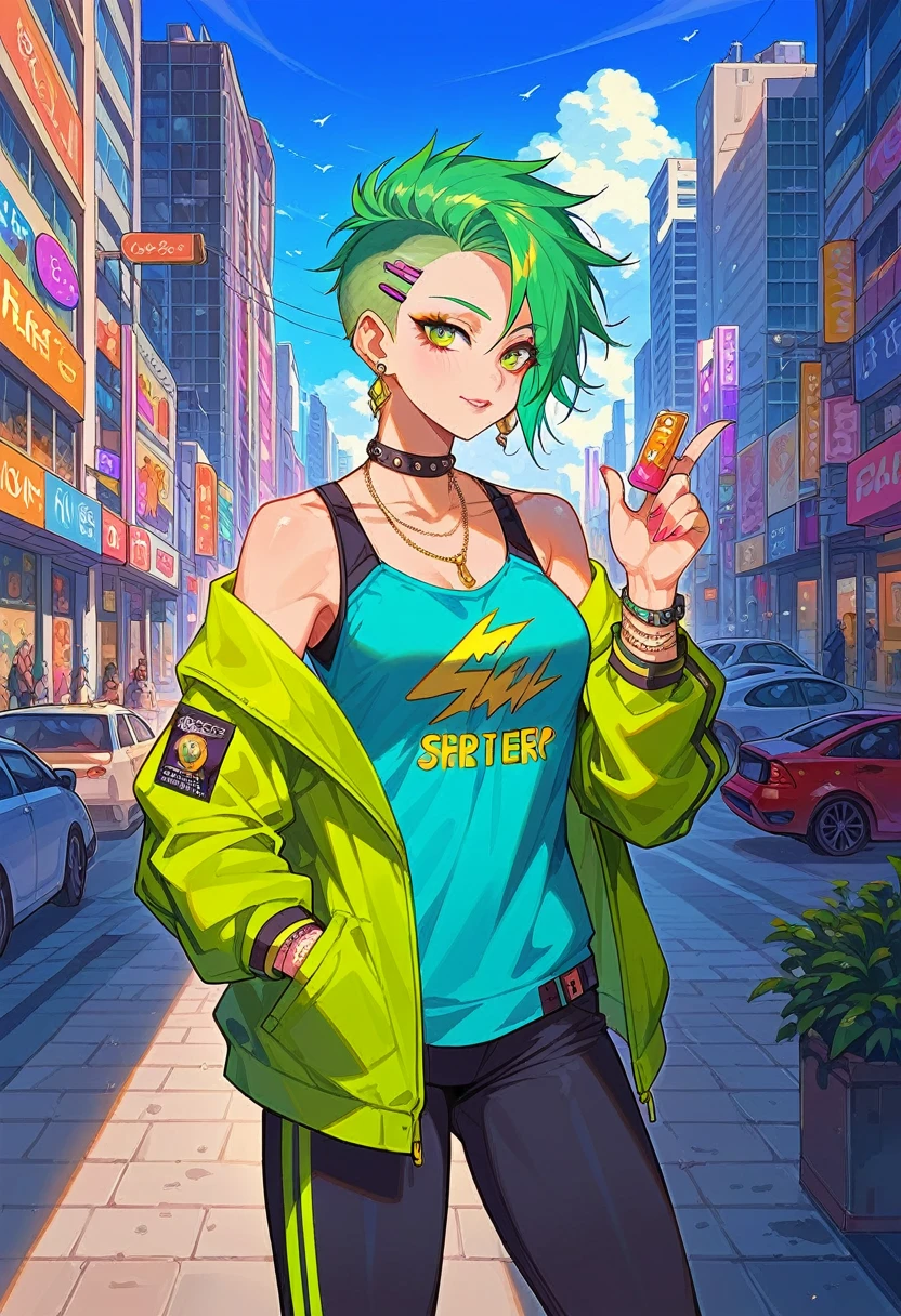 anime, young woman, Yellow-Green Short Haircut , Punk Haircut , beautiful colors,  Clothing Soft Blue Color Sweater,  Beautiful Curvy Sports Pants with a Pattern ,  Light Makeup , decorations, Shine,  on the Hand Wearing a soft knitted bracelet , earring in the ear, clip , City Street background ,  Big Skyscraper ,  depicts graffiti , score_9, score_8_up, score_7_up