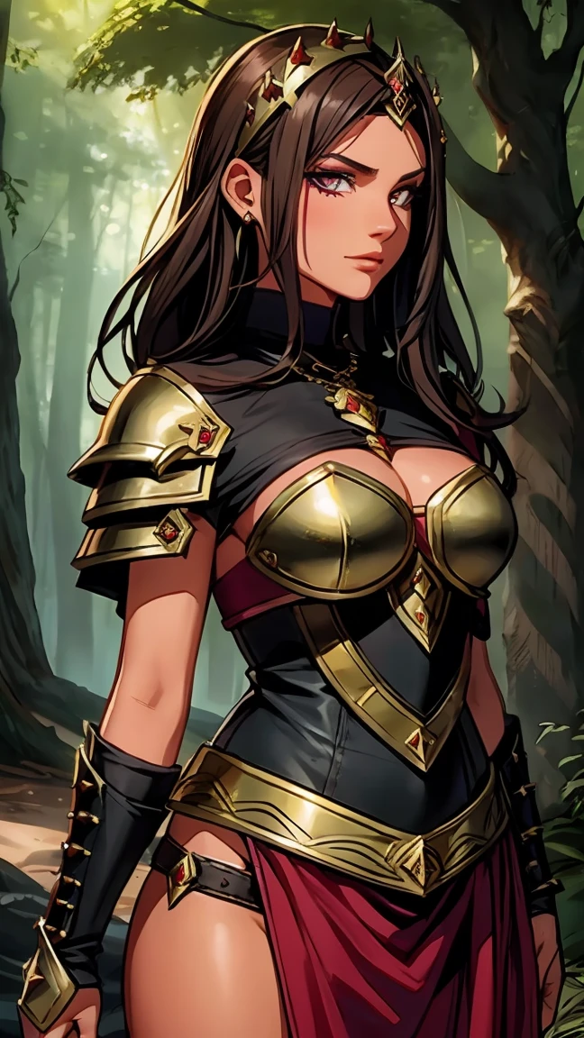 (masterpiece, top quality, best quality, official art, beautiful and aesthetic:1.2), (1girl:1.3), sexy, pornstar face, dark brown hair in a tight bun, extremely detailed, portrait, looking at viewer, solo, (full body:0.6), gray background, close up, charlatan, mysterious, (topless:1), standing in a garden, crest, gloves, metal, leather, bracers, gauntlets, boots, buckles, straps, (big breasts), slim waist, long legs, minimal background, dark mysterious lighting, shadows, magical atmosphere, dutch angle, impractical armor, (nearly naked:1), (NSFW:1)