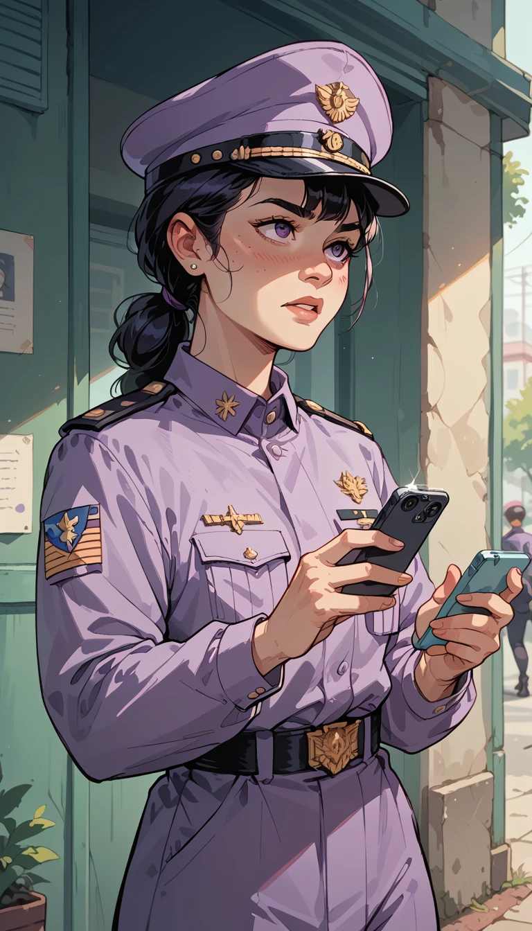 Talk on the phone, female messenger, purple military uniform.