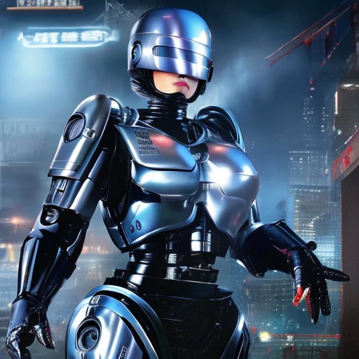 
( Best Quality ), (Overall view), Female Robocop,  Hua Gai with a cool and charming face ,RoboCop Armor    , Robocop helmet ,    beautiful and sexy young woman , 18 years old,    toned and muscular    , With a cool and handsome face    , SharpEye, Big Breasts