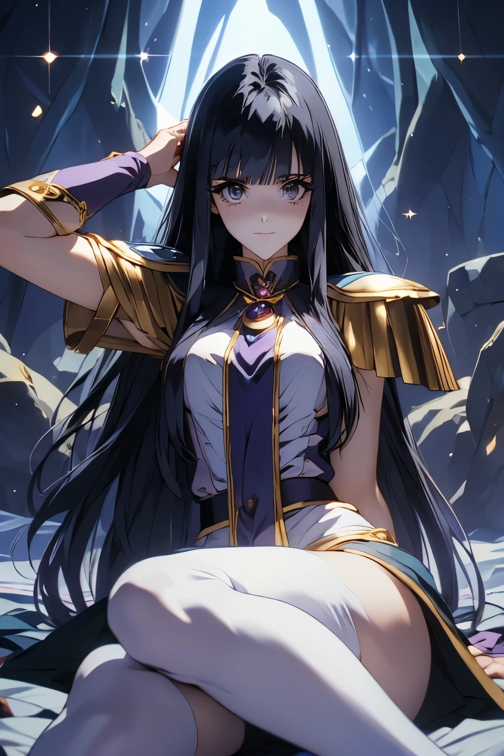 （（（ＳＦＷ、Highest quality、 first class、masterpiece、Normal body、8k、Detailed face、Ultra-precision、Normal hand、Normal finger、Masterpiece）））、-Slayers-、Sylphil 、Sylphil =Nels = Lada、Sylphil Nels Lahda 、clear and pitiful、beautiful girl、Black Hair、 long hair、 kind smile、Priest、 Ripped, Pungent, and Shiny Purple Clothes、Ripped White Tights 