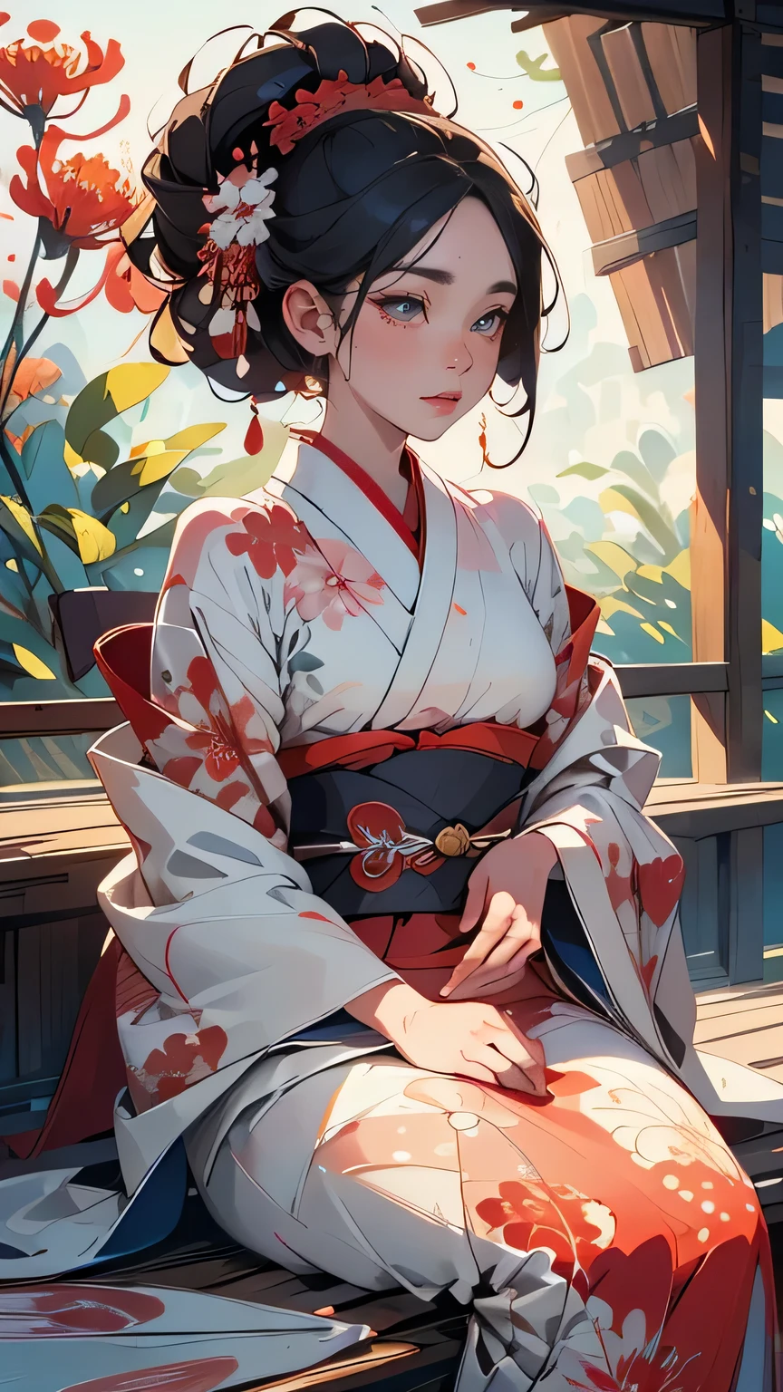 A woman wearing a beautifully detailed Japanese kimono, Sitting in a field of red spider lilies, beautiful detailed eyes, Beautiful Detailed Lips , Extremely fine face and skin, long eyelashes , Intricate and gorgeous kimono patterns, Delicate and graceful pose, Cinematic Lighting, Dramatic color palette , masterpiece, Best Quality, 8k, high resolution, Super detailed, photorealistic , Vivid Color Style , studio lighting