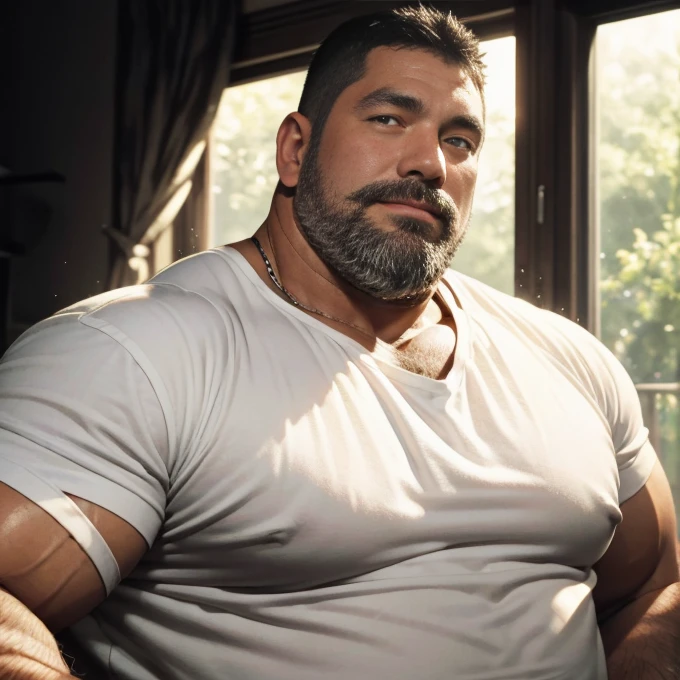 An award-winning original photo，A wild fat man, (40 years old daddy:1.1), 1boy, Solo, (white shirt), (top fully opened), (big shoulderusculature, stubbles, Short beard, Beautiful eyes:1.3), (Detailed face:1.3), Dynamic Angle, volumetric lighting, (Best quality, A high resolution, Photorealistic), Cinematic lighting, Masterpiece, RAW photo, Intricate details, hdr, depth of field,extreme close up, 