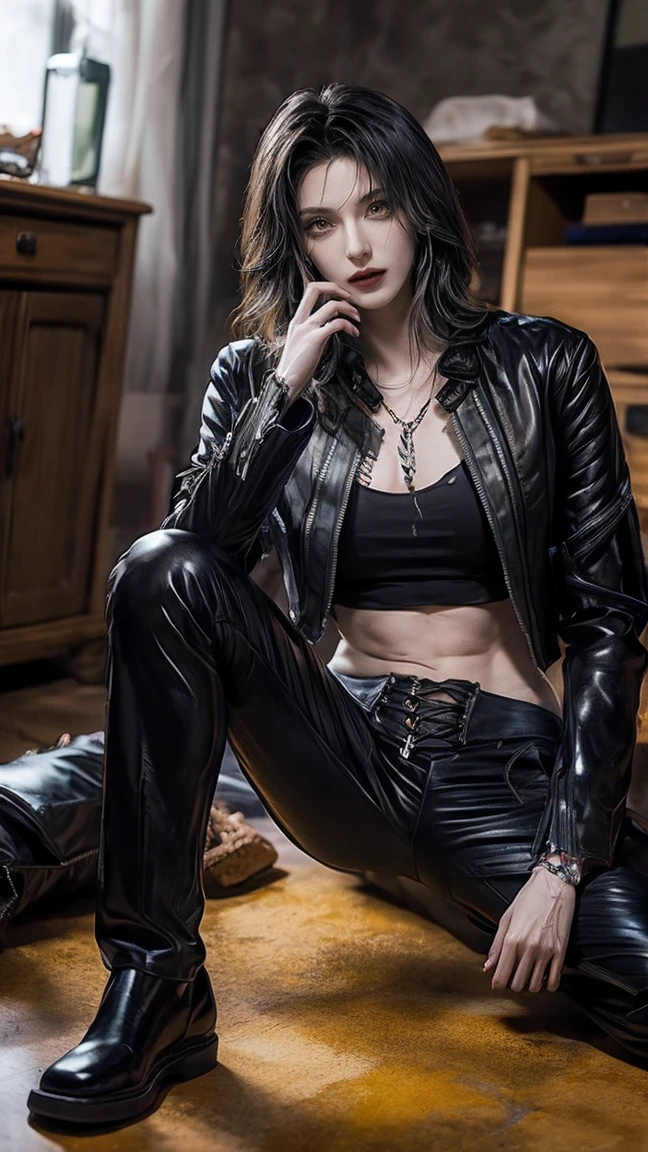 (masterpiece), best quality, HD, 4K, perfect face, black hair, cum, socks, drunken eyes, hetero, torned leather Jacket, hairband, black long hime hair, short cut, arrogant face, collarbone, muscular, knee, ABS collarbone, shoes, sweaty,  unworn pants, tight, sticky body, hot, sweats, angkor wat background, yellow glowing eyes, tags necklace, piercings, tally, claws finger, bracelets, jewellery, navel piercings, legs tattoos, jewels, anklet, buds, lips, drugged, addict junkies, chains, abused, smiles, happy, scars on skin, training, pills syringe on floor, sick, lips piercings, goth, eyelashes, legs, mindbreak, smile, workout, breasts, nipples, workout, pubic hairs, mother, mom