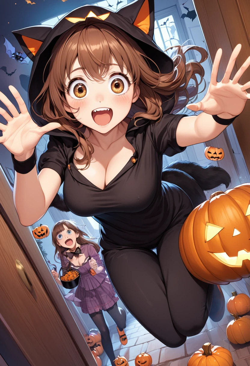 detailed illustration, dynamic angle, ultra-detailed, illustration, 1girl, 18 year old, school girl, wavy brown hair, long hair, bright brown eyes, happy, wide eyes, big eyes, shocked eyes, delighted eyes, elated, joyful, playful, jumping, bouncing breasts, cleavage, medium breasts, black cat costume, halloween, doorstep, trick or treat, candy