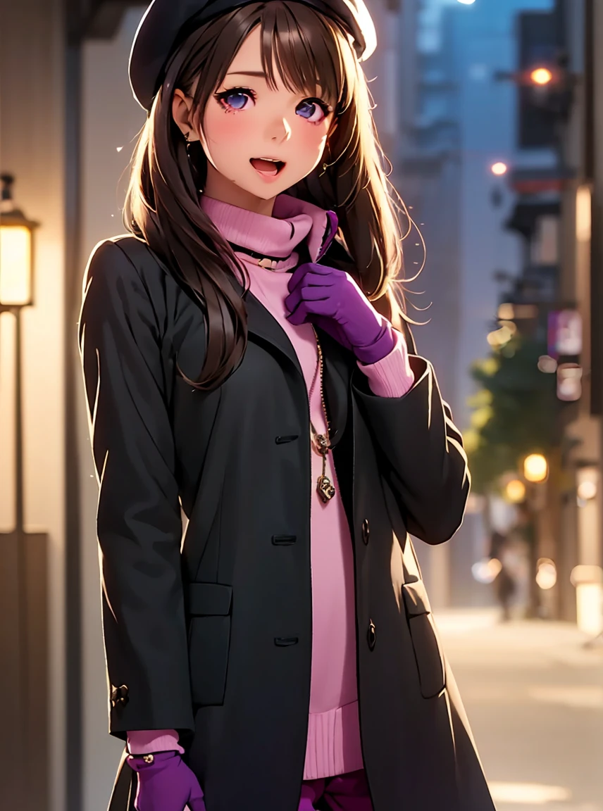   high resolution ,In 8K, highest quality, Details,Semi-realistic anime, D Anime Style , Smooth Anime CG , one girl playing pranks,18 year old Japanese female,slim,modeling,VERY STRAIGHT HAIR ,  pink sparkling lips ,  Glossy Black Hair , Detailsな顔,Beautiful and  Details, ,(( sparkling amethyst eyes like jewels)),( small breasts),(Open your mouth),( embarrassed face),(( Avril Lavigne )), (Beret),(冬 clothes, Long coat, Mittens, Gloves, Long pants)
