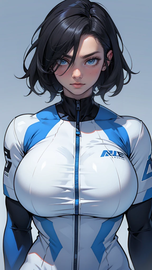 (((muscular girl thick large breasts toned body))) sad girl black hair yellow eyes pale skin (mecha mecha)